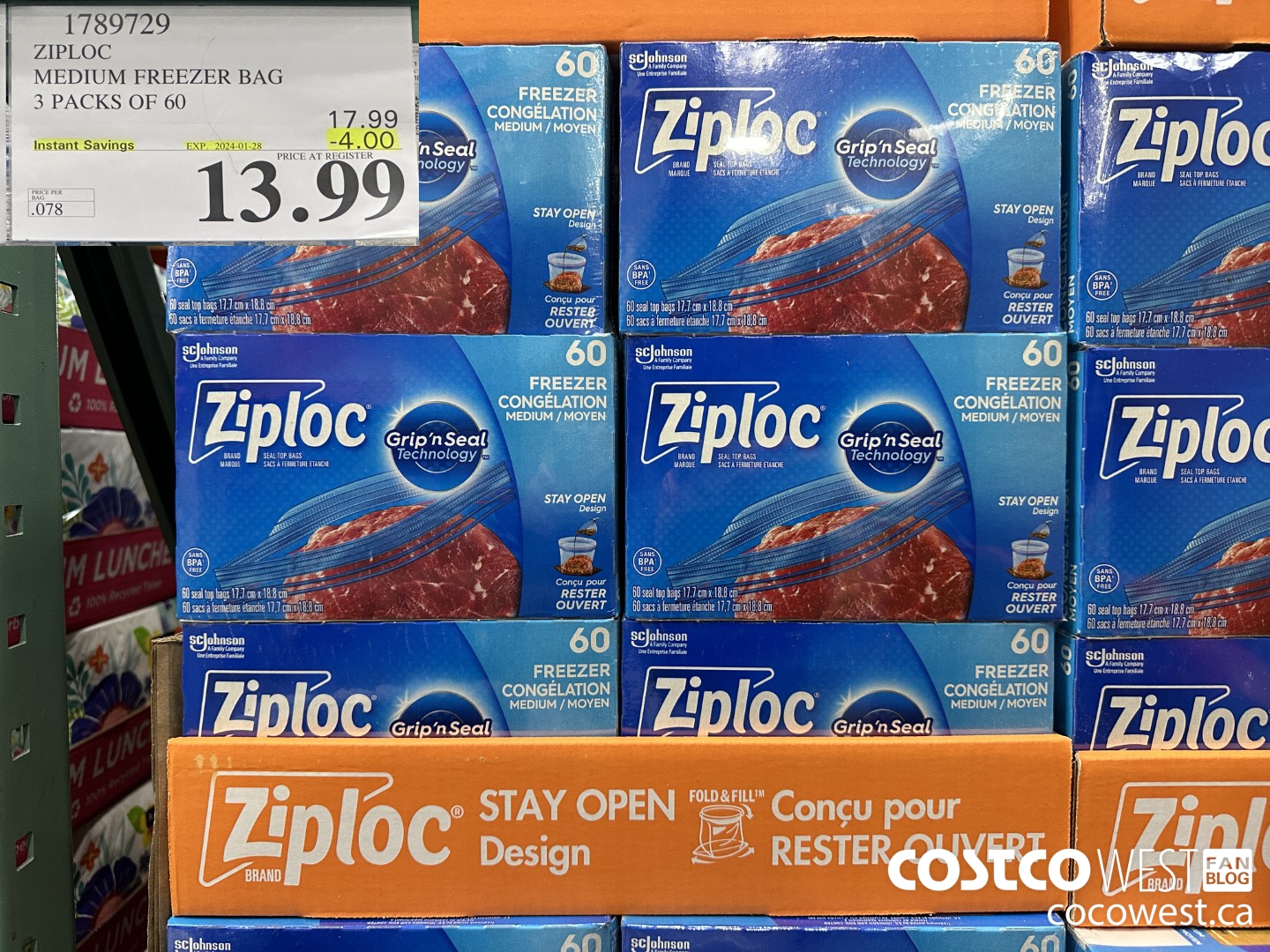 1789729 ZIPLOC MEDIUM FREEZER BAG 3 x 60 ($4.00 INSTANT SAVINGS EXPIRES ON 2024-01-28) $13.99