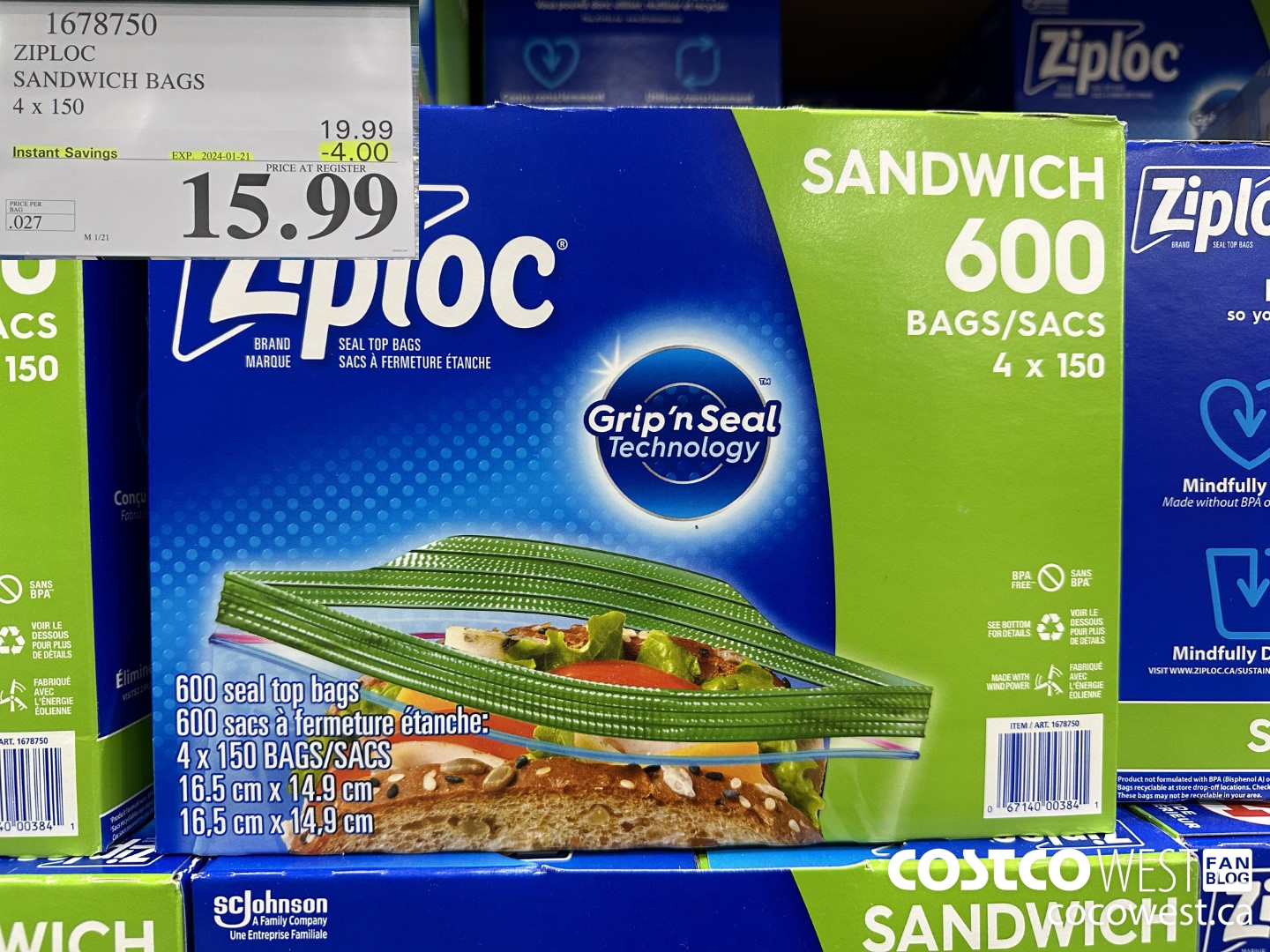 1678750 ZIPLOC SANDWICH BAGS 4 X 150 ($4.00 INSTANT SAVINGS EXPIRES ON 2024-01-21) $15.99