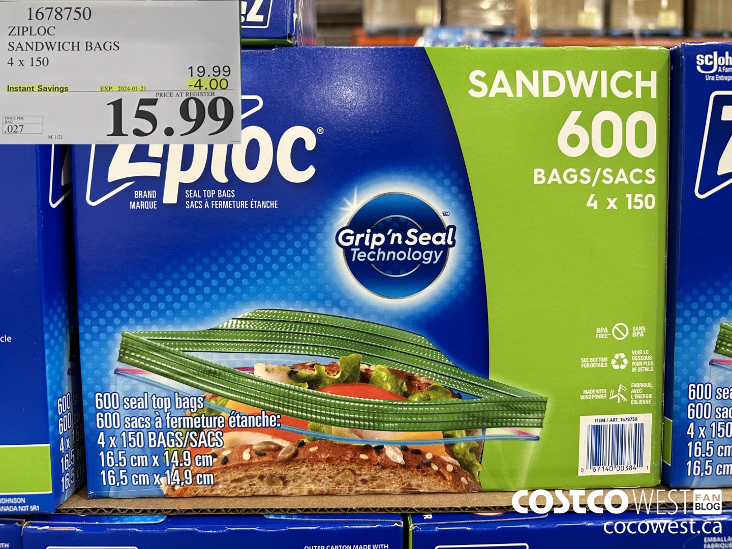 1678750 ZIPLOC SANDWICH BAGS 4 X 150 ($4.00 INSTANT SAVINGS EXPIRES ON 2024-01-21) $15.99