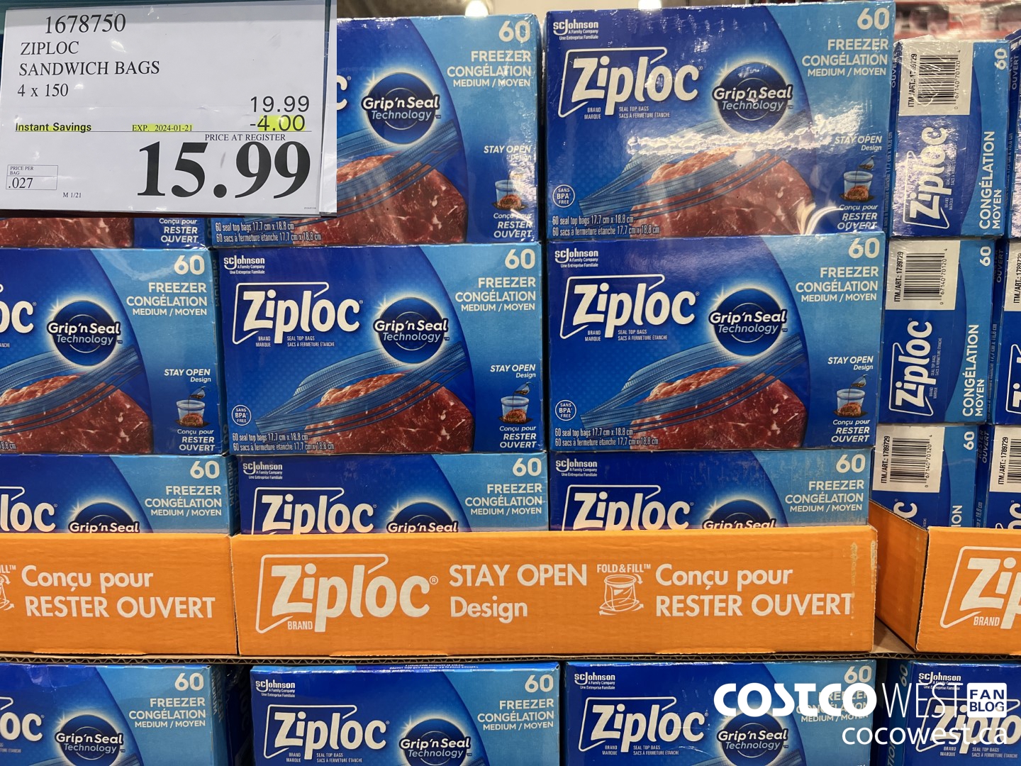 1678750 ZIPLOC SANDWICH BAGS 4 X 150 ($4.00 INSTANT SAVINGS EXPIRES ON 2024-01-21) $15.99