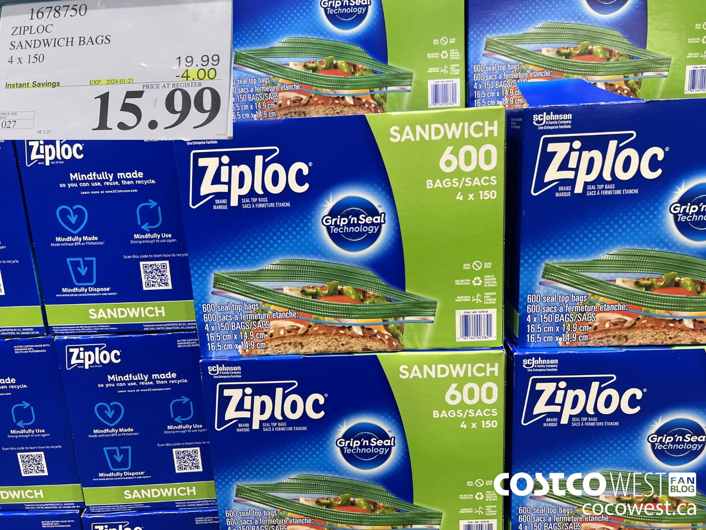 1678750 ZIPLOC SANDWICH BAGS 4 X 150 ($4.00 INSTANT SAVINGS EXPIRES ON 2024-01-21) $15.99