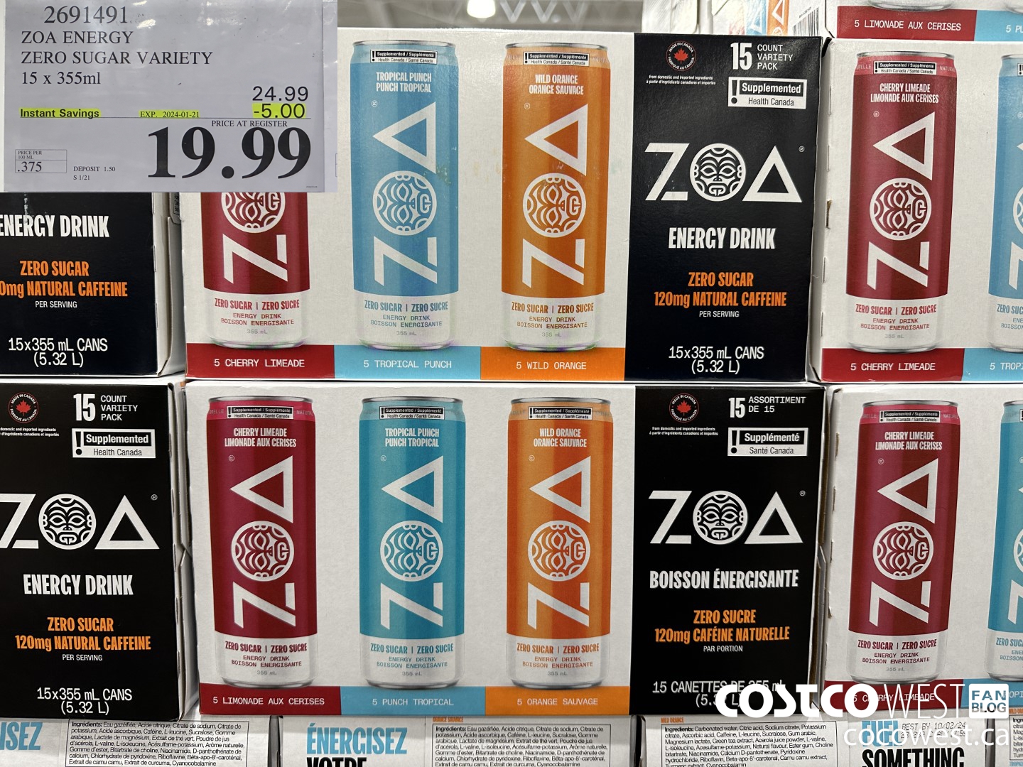 2691491 ZOA ENERGY ZERO SUGAR VARIETY 15 X 355ML ($5.00 INSTANT SAVINGS EXPIRES ON 2024-01-21) $19.99