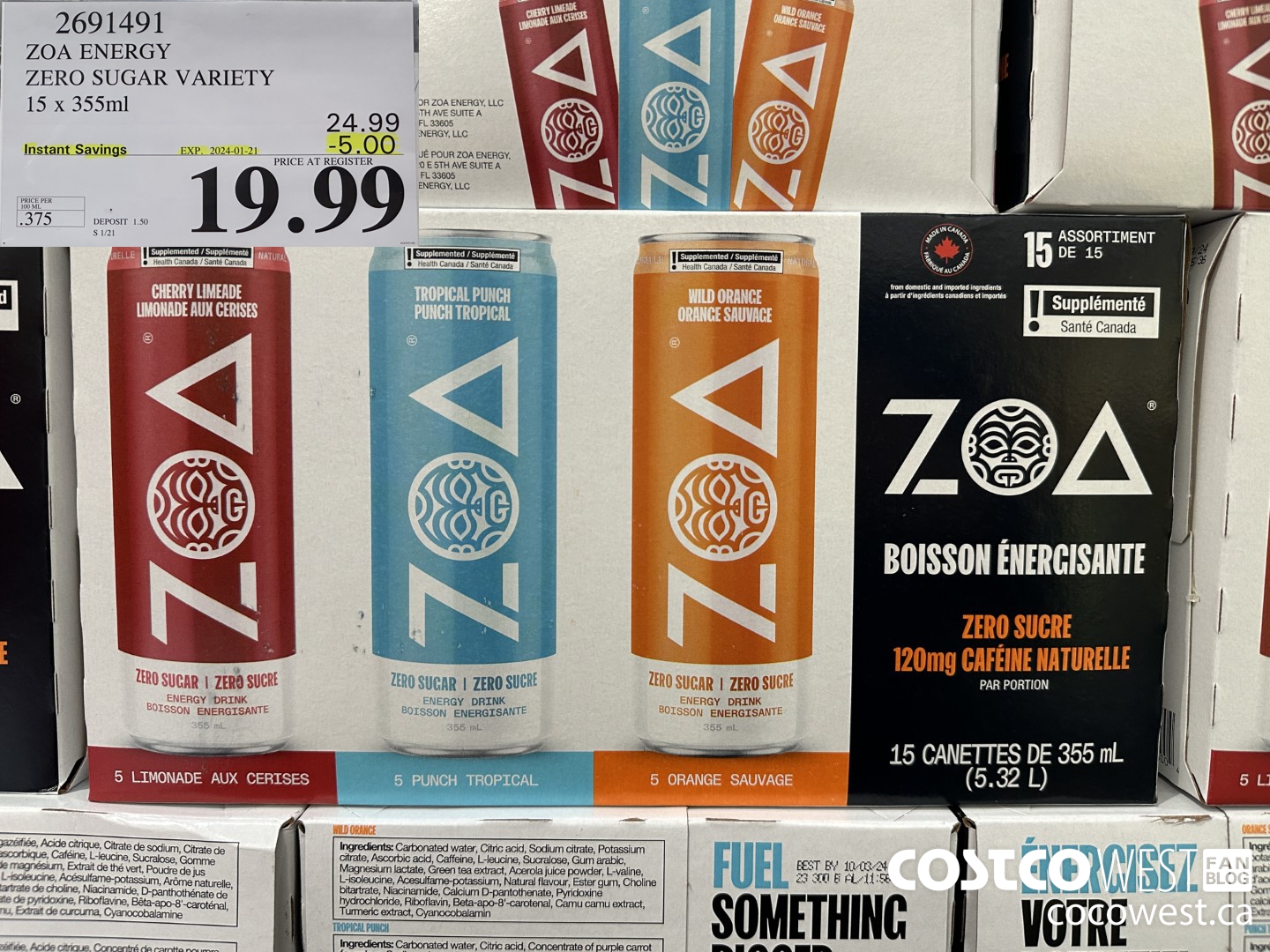 2691491 ZOA ENERGY ZERO SUGAR VARIETY 15 X 355ML ($5.00 INSTANT SAVINGS EXPIRES ON 2024-01-21) $19.99