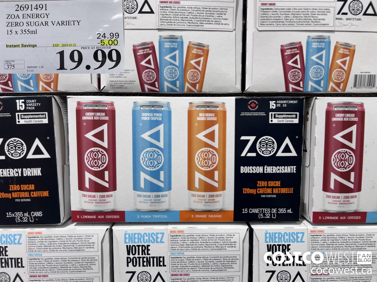 2691491 ZOA ENERGY ZERO SUGAR VARIETY 15 X 355ML ($5.00 INSTANT SAVINGS EXPIRES ON 2024-01-21) $19.99