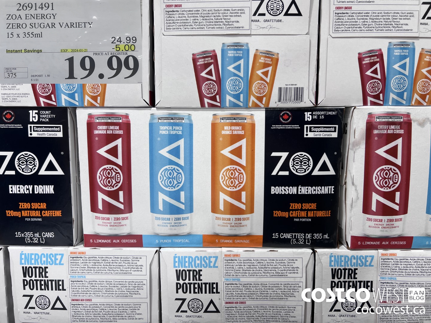 2691491 ZOA ENERGY ZERO SUGAR VARIETY 15 X 355ML ($5.00 INSTANT SAVINGS EXPIRES ON 2024-01-21) $19.99