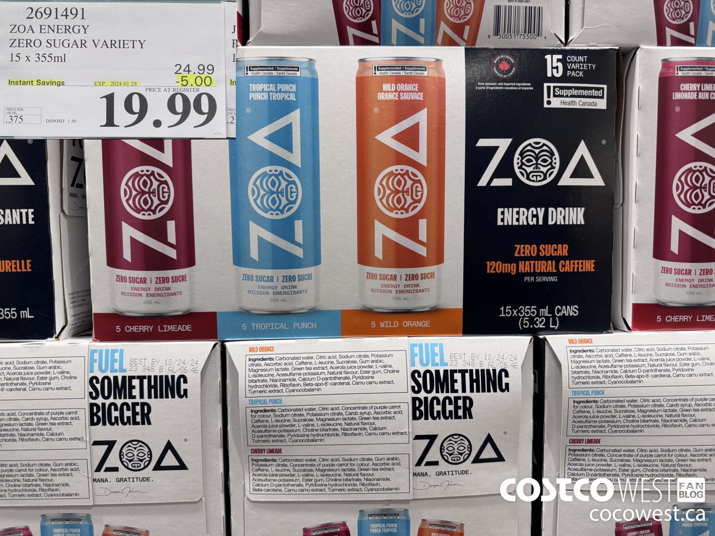 2691491 ZOA ENERGY ZERO SUGAR VARIETY 15 X 355ML ($5.00 INSTANT SAVINGS EXPIRES ON 2024-01-28) $19.99