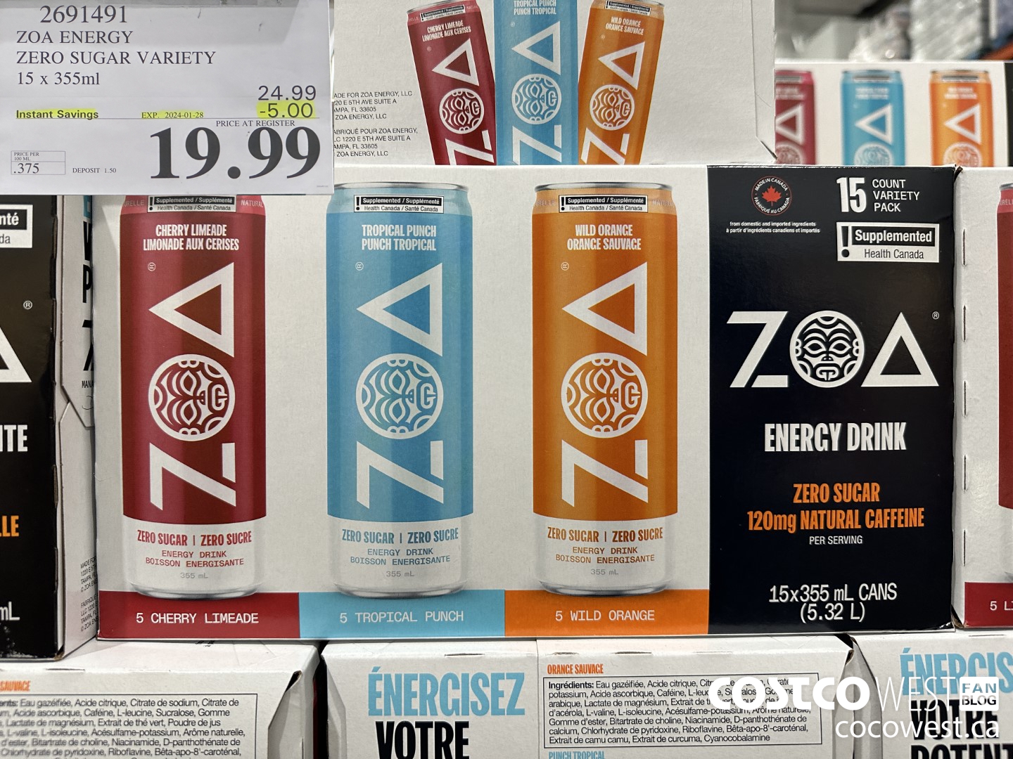 2691491 ZOA ENERGY ZERO SUGAR VARIETY 15 X 355ML ($5.00 INSTANT SAVINGS EXPIRES ON 2024-01-28) $19.99