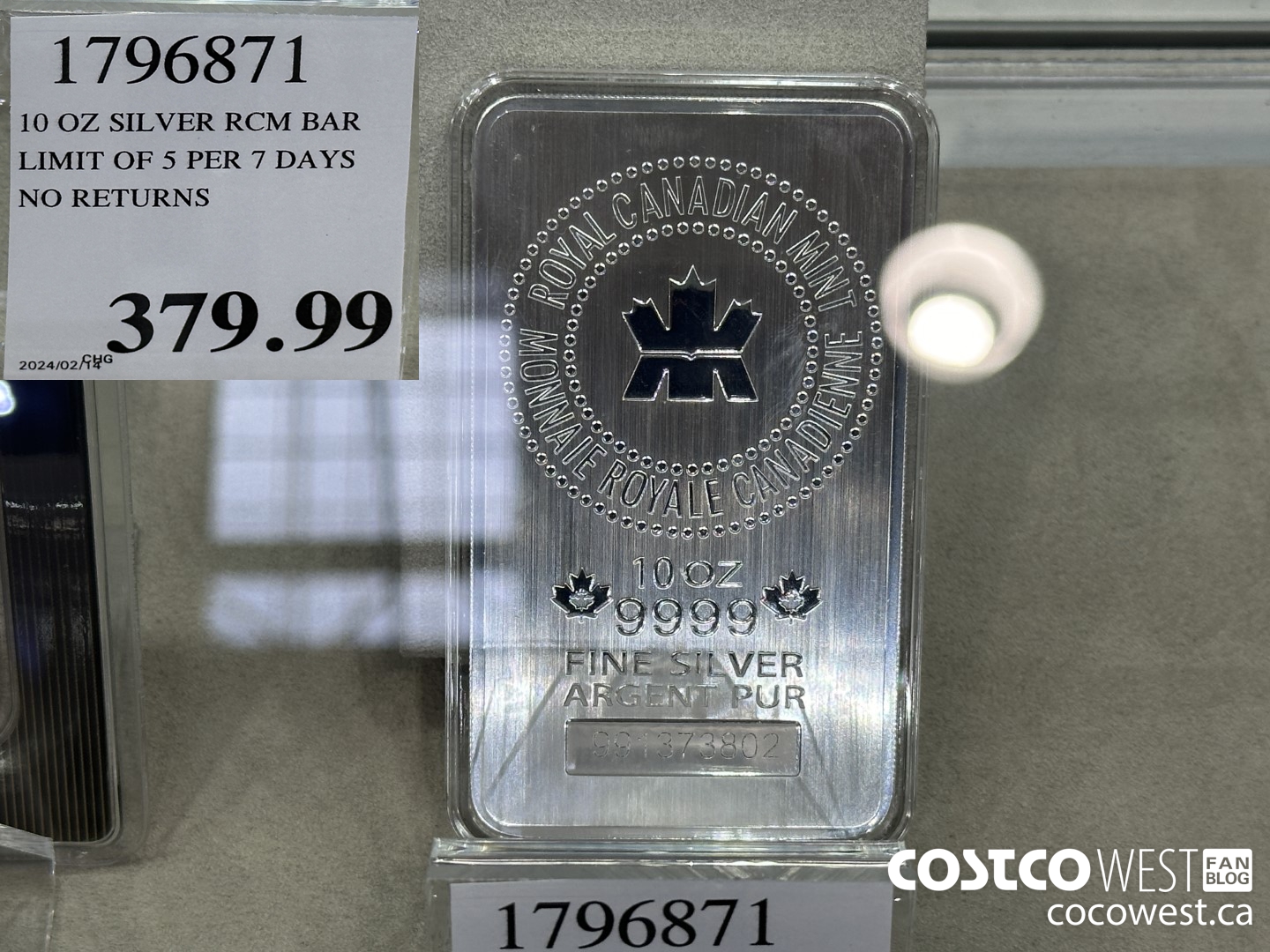 1796871 10 OZ SILVER RCM BAR LIMIT OF 5 PER 7 DAYS NO RETURNS $379.99