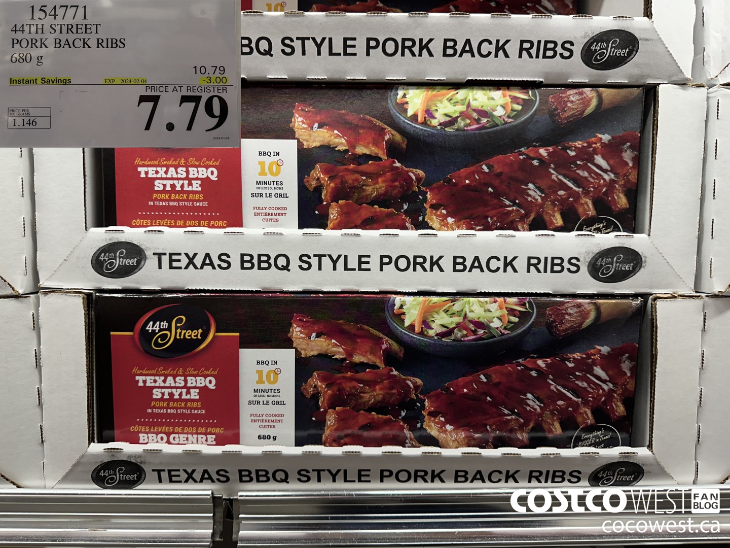 154771 44TH STREET PORK BACK RIBS 680 g ($3.00 INSTANT SAVINGS EXPIRES ON 2024-02-04) $7.79