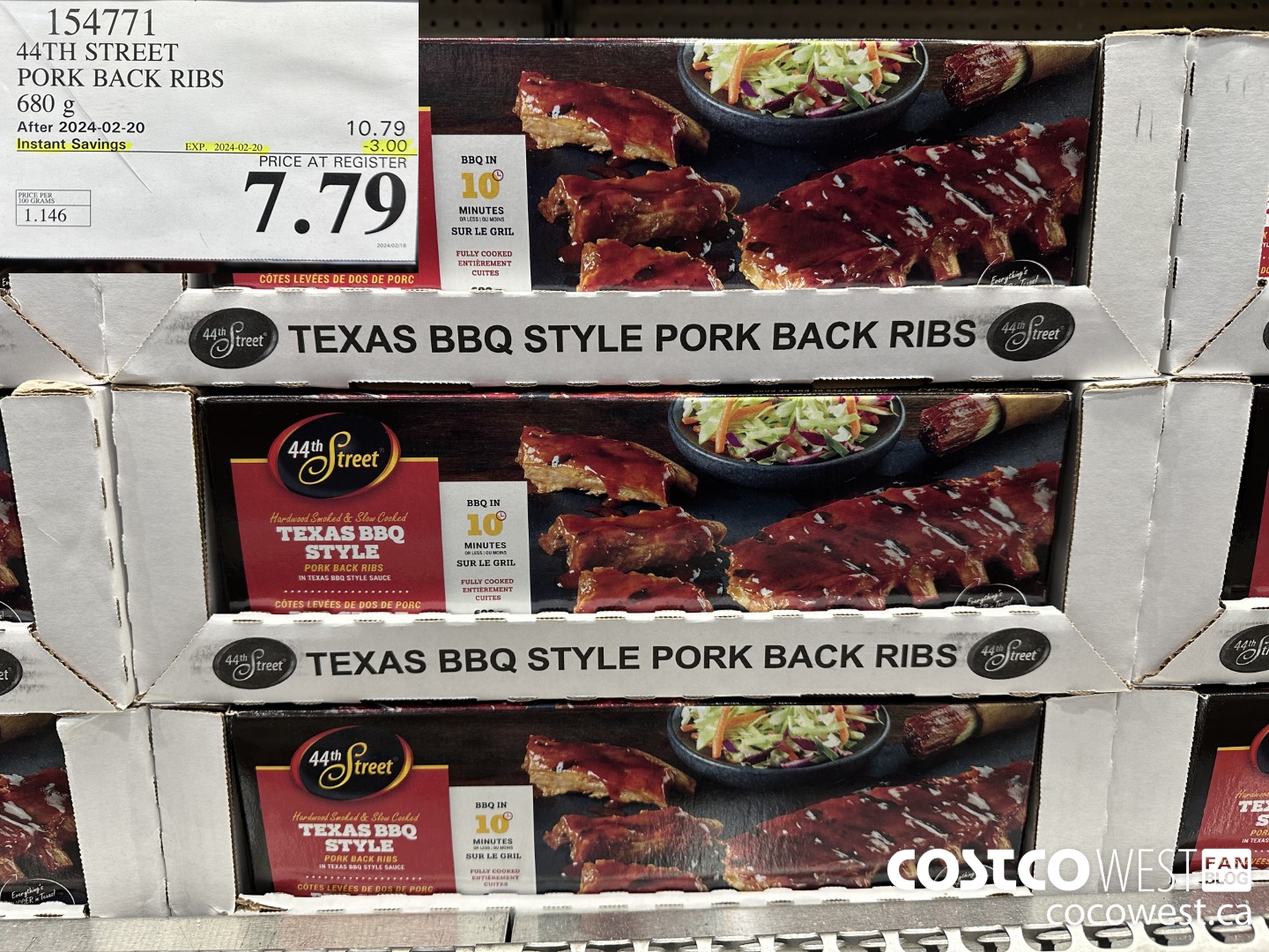 154771 44TH STREET PORK BACK RIBS 680 g ($3.00 INSTANT SAVINGS EXPIRES ON 2024-02-20) $7.79