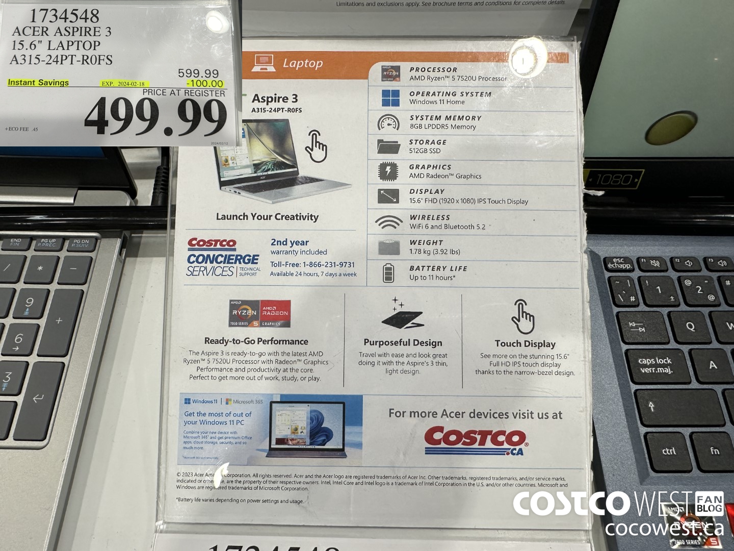 1734548 ACER ASPIRE 3 15.6IN LAPTOP A315-24PT-R0FS ($100.00 INSTANT SAVINGS EXPIRES ON 2024-02-18) $499.99