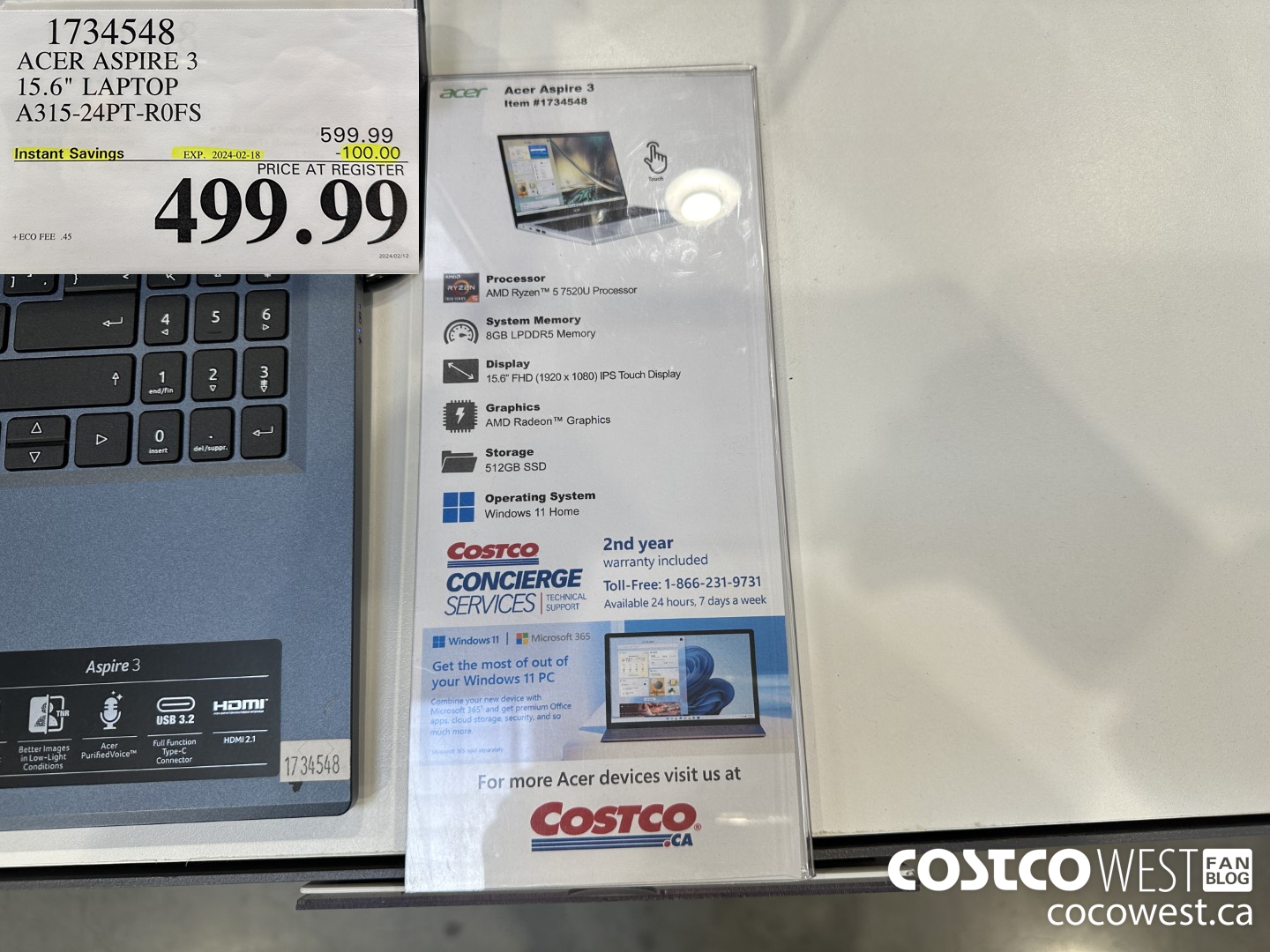 1734548 ACER ASPIRE 3 15.6IN LAPTOP A315-24PT-R0FS ($100.00 INSTANT SAVINGS EXPIRES ON 2024-02-18) $499.99