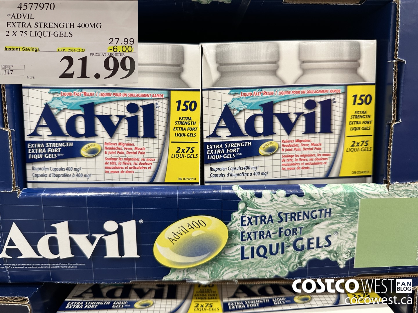 4577970 ADVIL EXTRA STRENGTH 400MG 2 X 75 LIQUI-GELS ($6.00 INSTANT SAVINGS EXPIRES ON 2024-02-25) $21.99