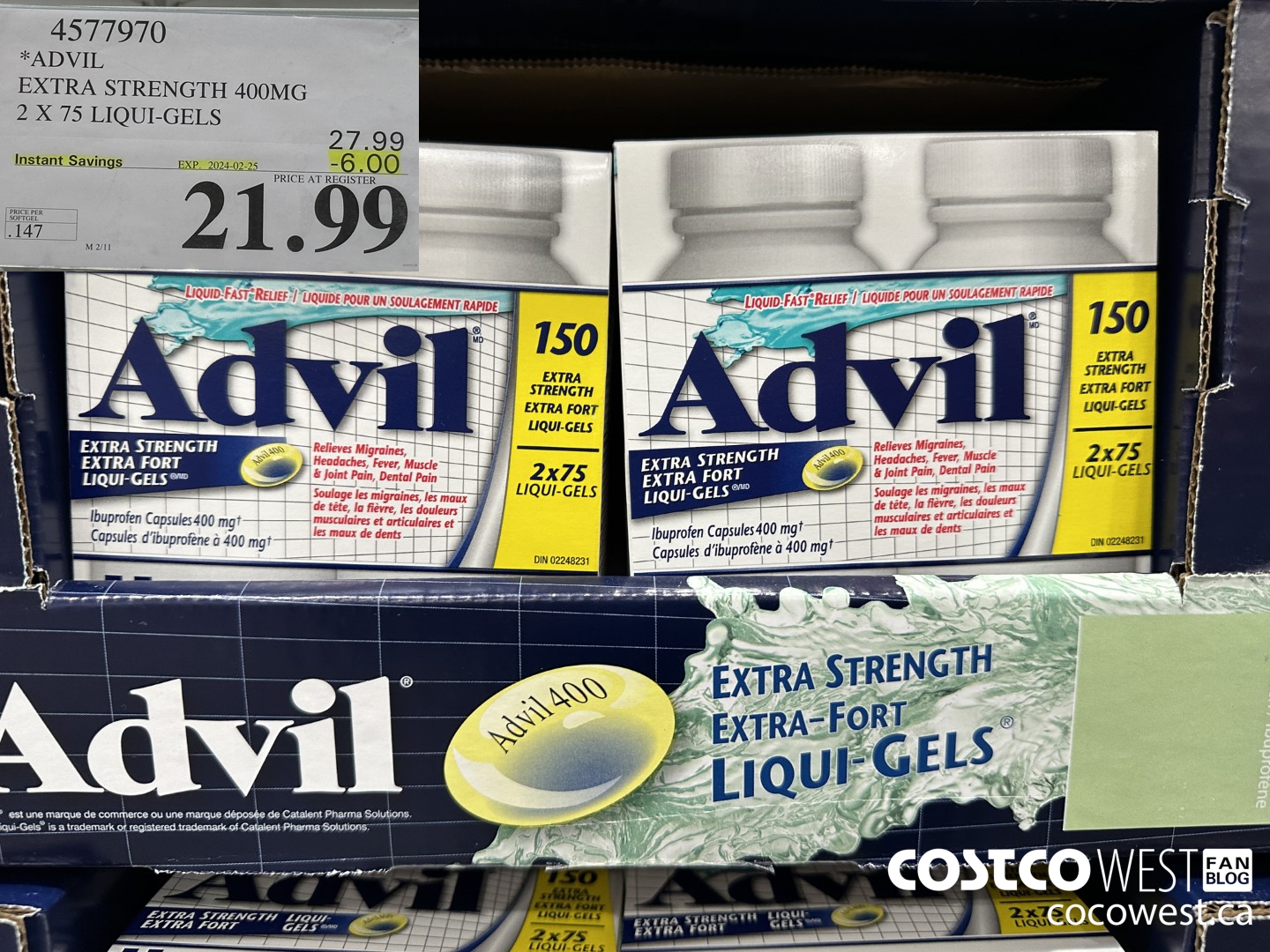 4577970 ADVIL EXTRA STRENGTH 400MG 2 X 75 LIQUI-GELS ($6.00 INSTANT SAVINGS EXPIRES ON 2024-02-25) $21.99