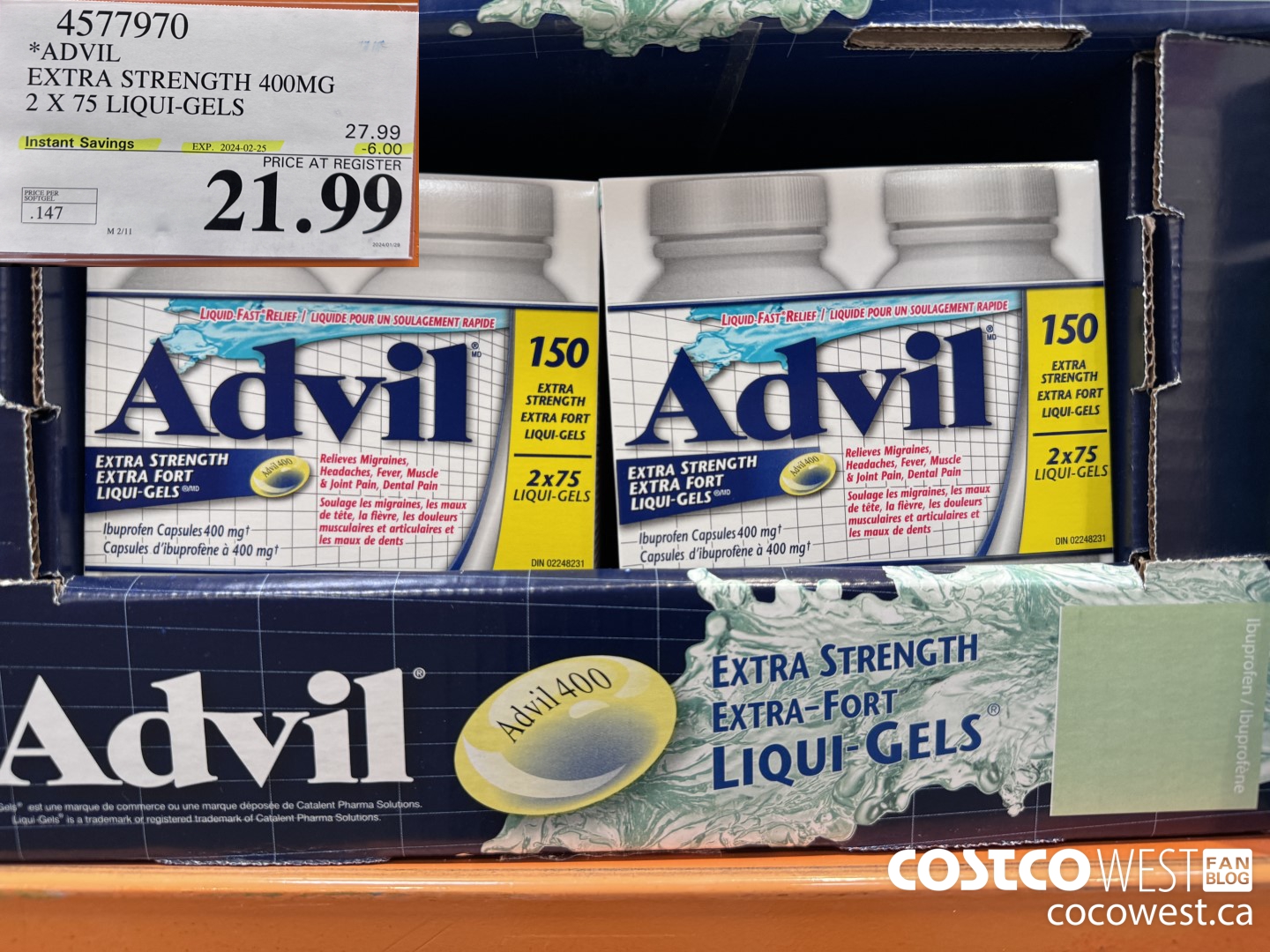 4577970 ADVIL EXTRA STRENGTH 400MG 2 X 75 LIQUI-GELS ($6.00 INSTANT SAVINGS EXPIRES ON 2024-02-25) $21.99
