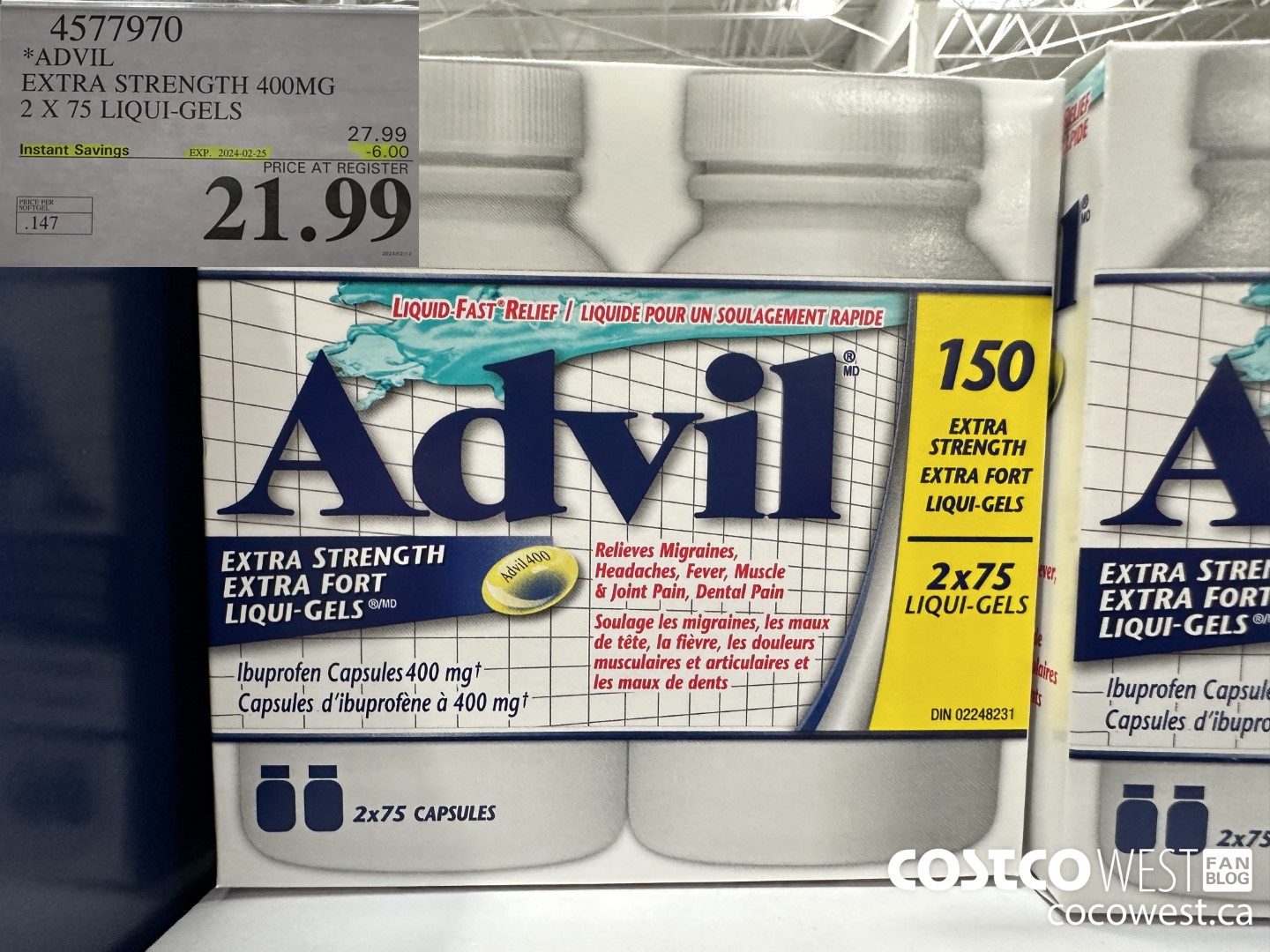 4577970 ADVIL EXTRA STRENGTH 400MG 2 X 75 LIQUI-GELS ($6.00 INSTANT SAVINGS EXPIRES ON 2024-02-25) $21.99