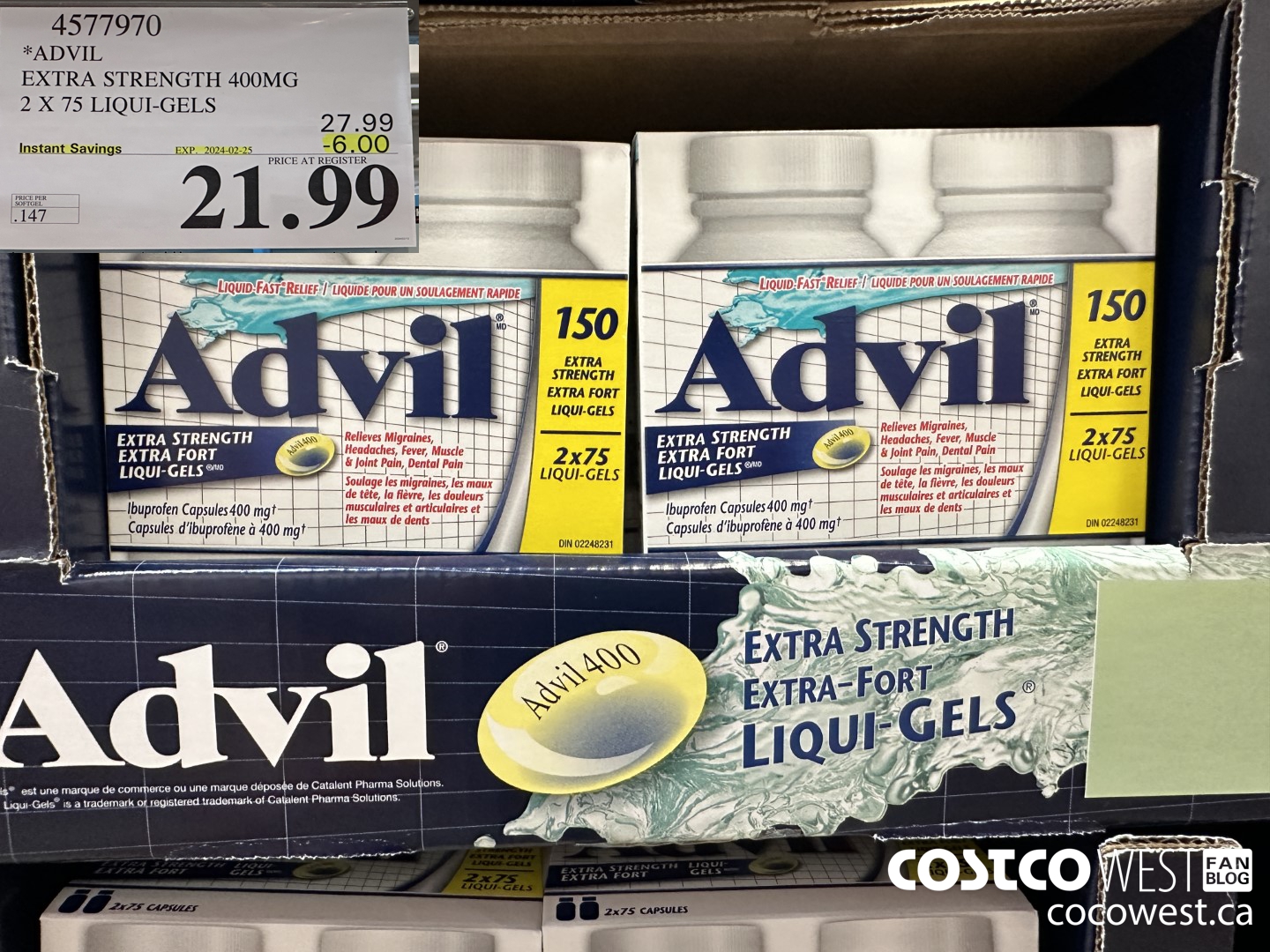 4577970 ADVIL EXTRA STRENGTH 400MG 2 X 75 LIQUI-GELS ($6.00 INSTANT SAVINGS EXPIRES ON 2024-02-25) $21.99