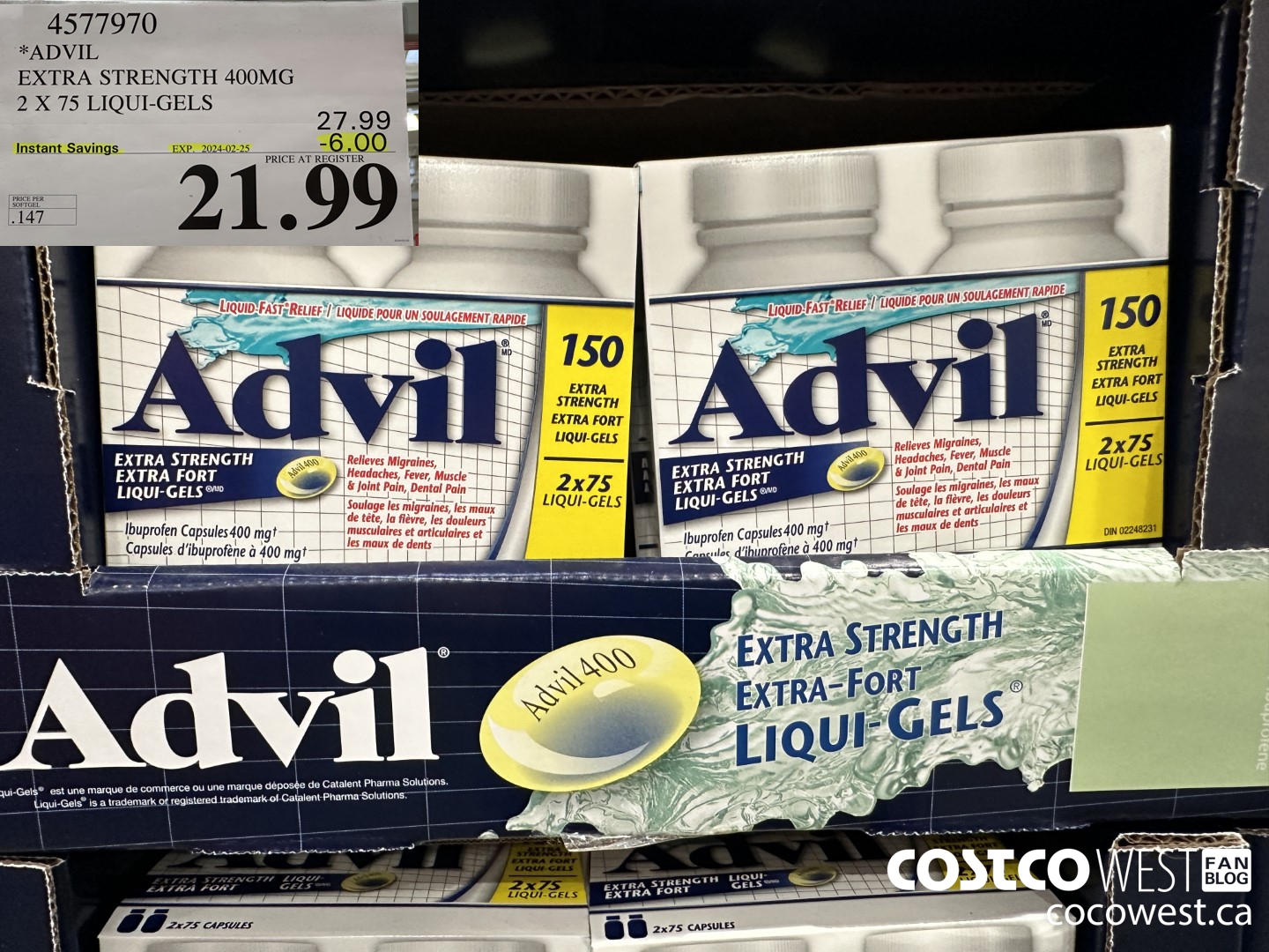 4577970 ADVIL EXTRA STRENGTH 400MG 2 X 75 LIQUI-GELS ($6.00 INSTANT SAVINGS EXPIRES ON 2024-02-25) $21.99