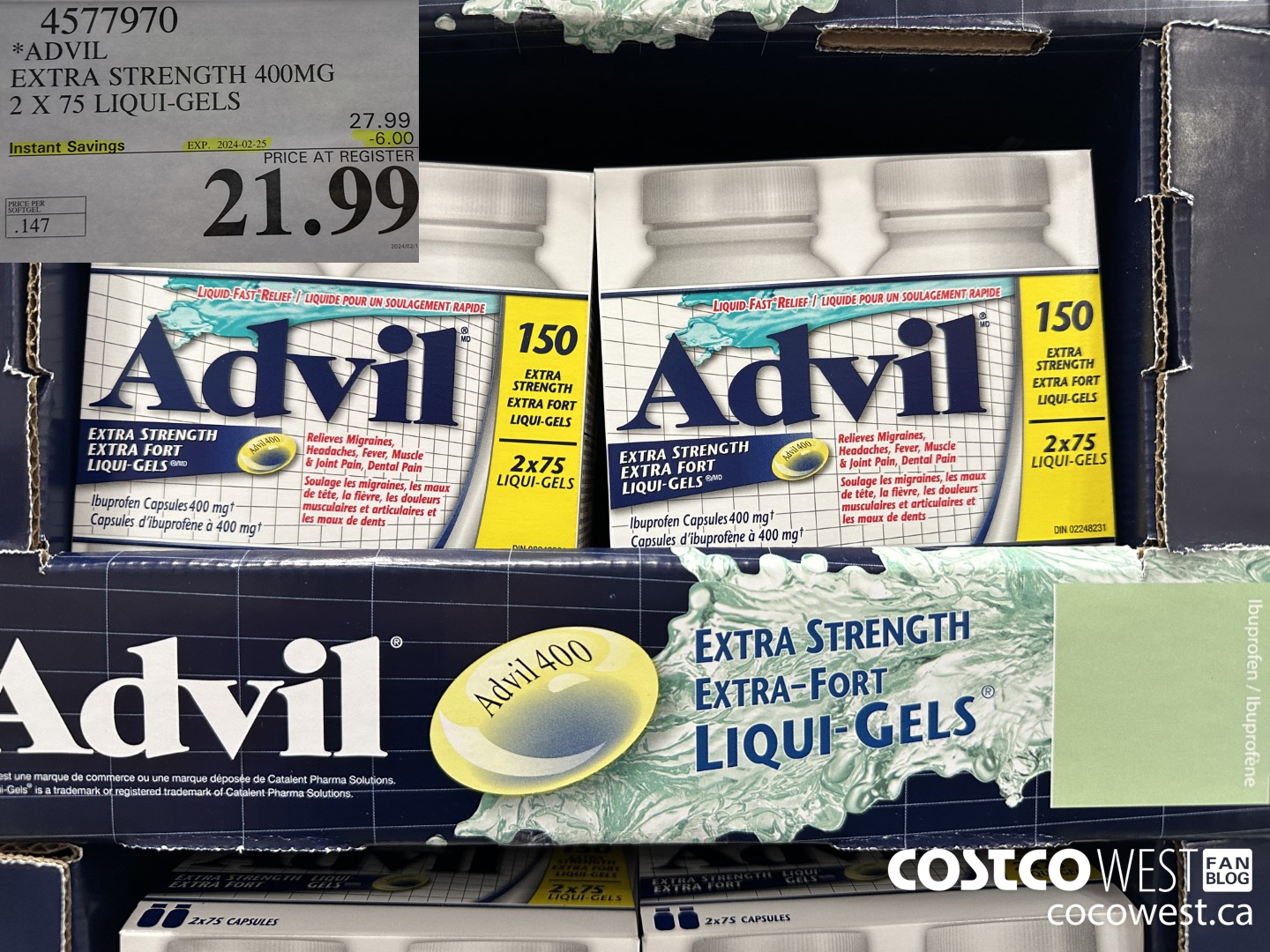 4577970 ADVIL EXTRA STRENGTH 400MG 2 X 75 LIQUI-GELS ($6.00 INSTANT SAVINGS EXPIRES ON 2024-02-25) $21.99