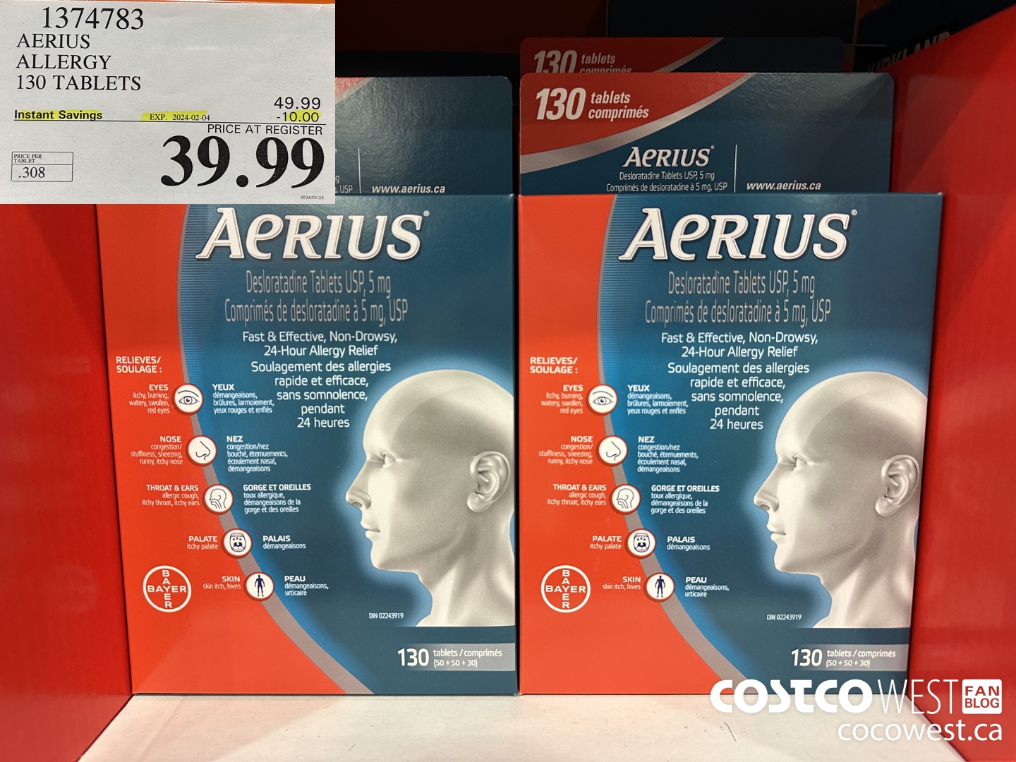 1374783 AERIUS ALLERGY 130 TABLETS ($10.00 INSTANT SAVINGS EXPIRES ON 2024-02-04) $39.99