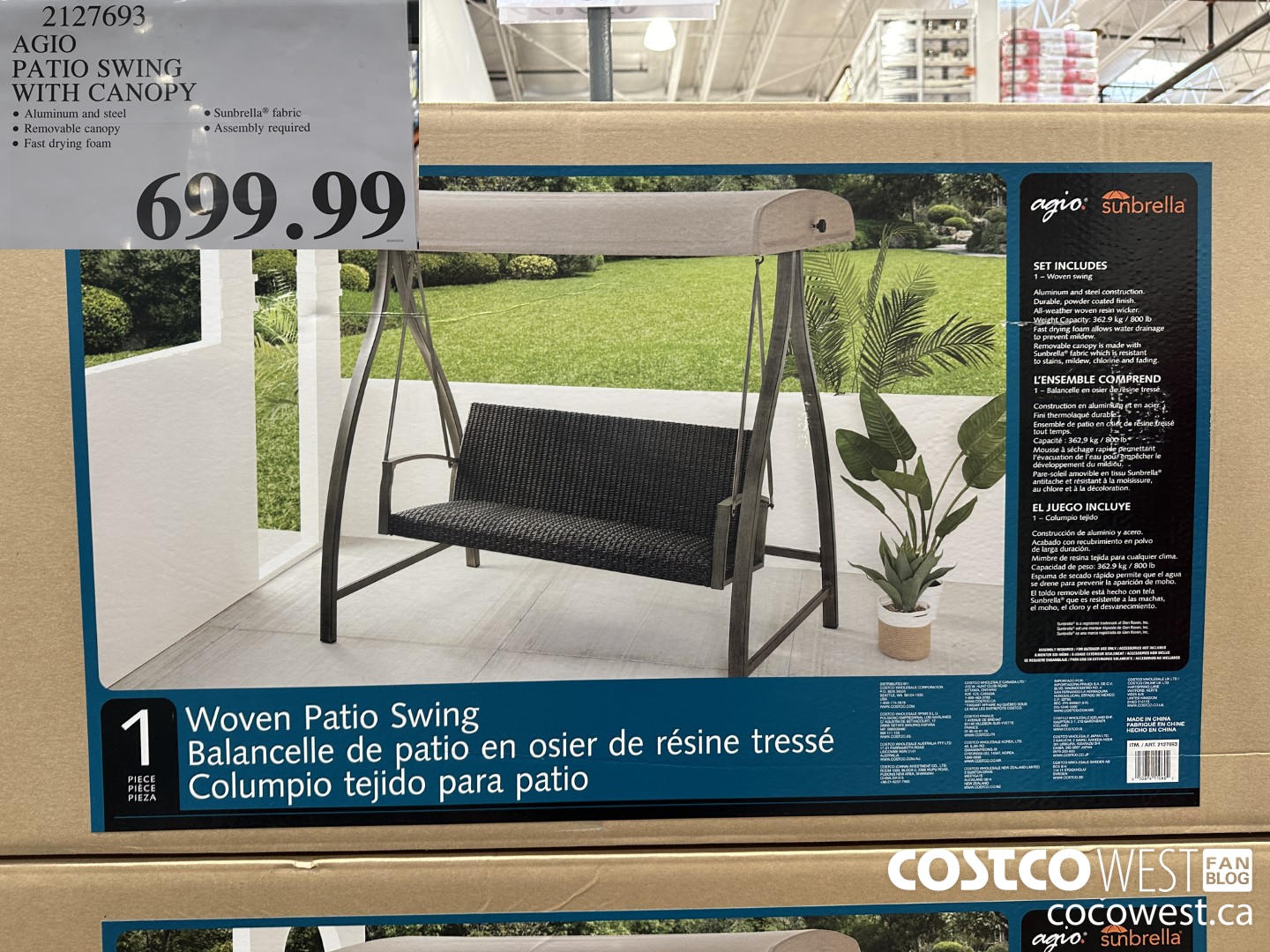 2127693 AGIO PATIO SWING WITH CANOPY $699.99