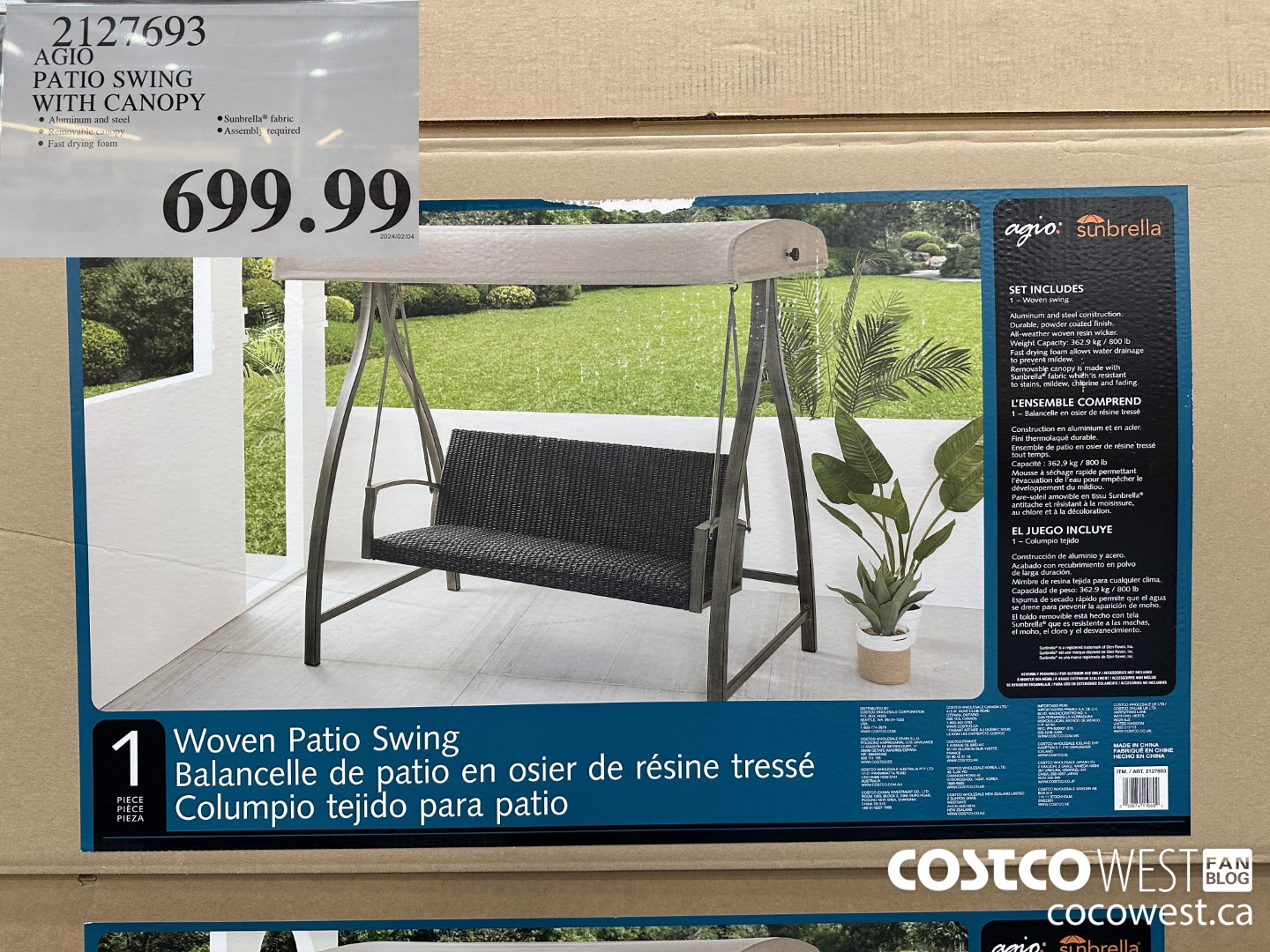 2127693 AGIO PATIO SWING WITH CANOPY $699.99