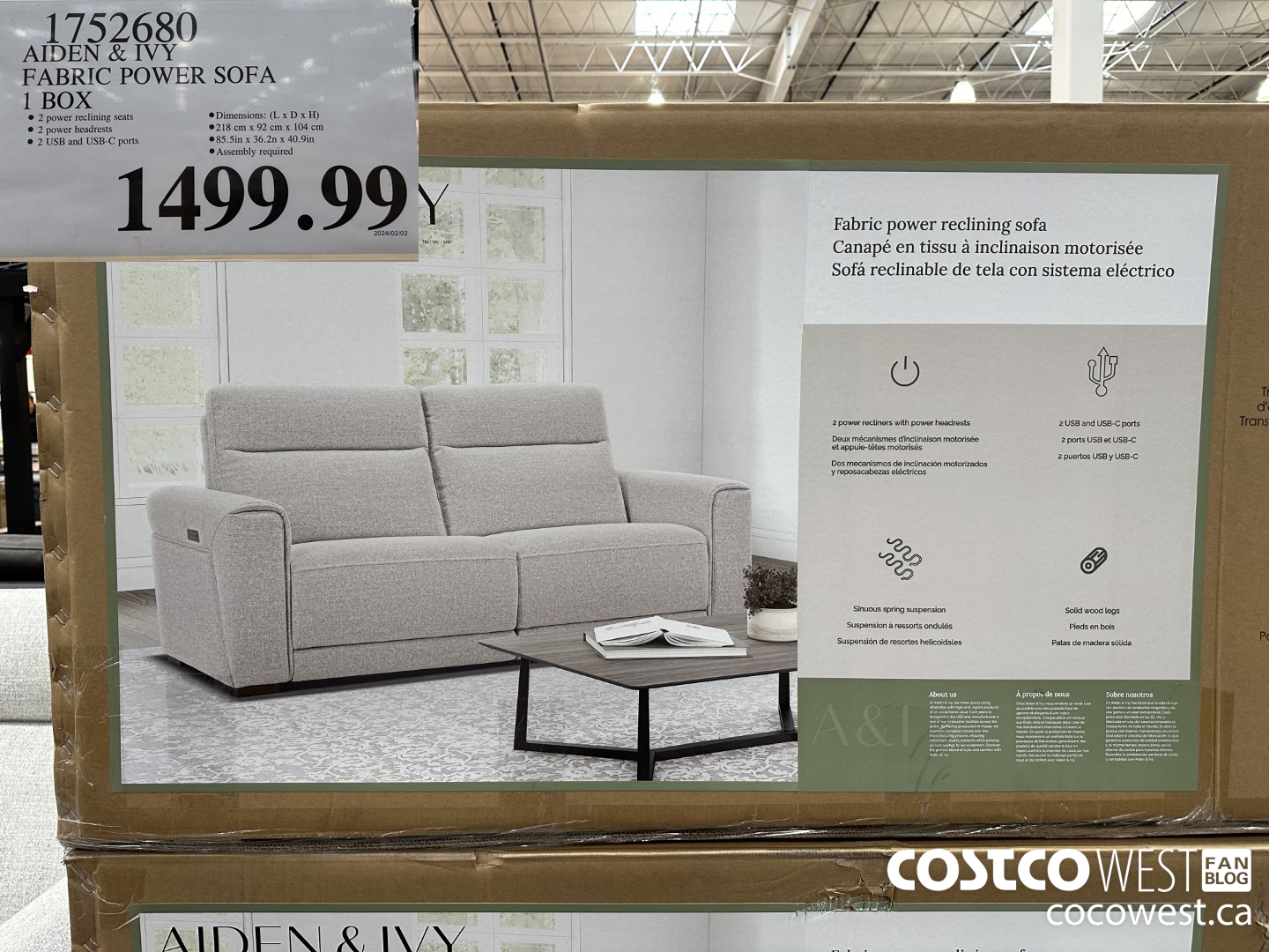 1752680 AIDEN & IVY FABRIC POWER SOFA 1 BOX $1499.99