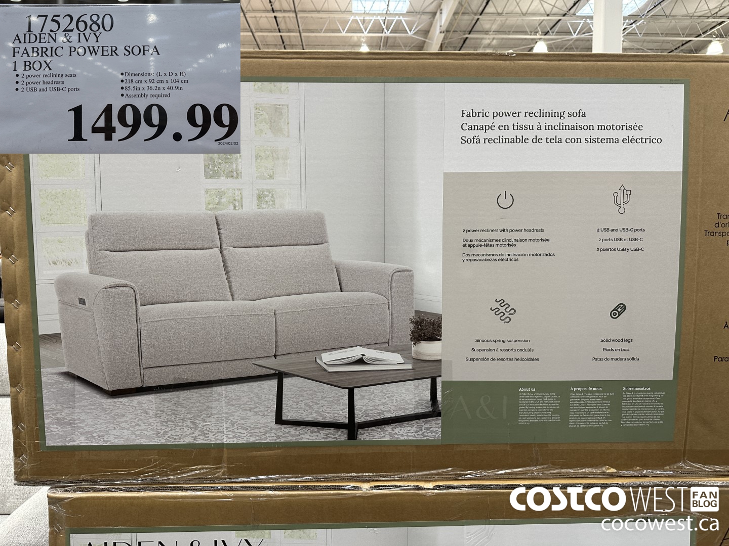 1752680 AIDEN & IVY FABRIC POWER SOFA 1 BOX $1499.99