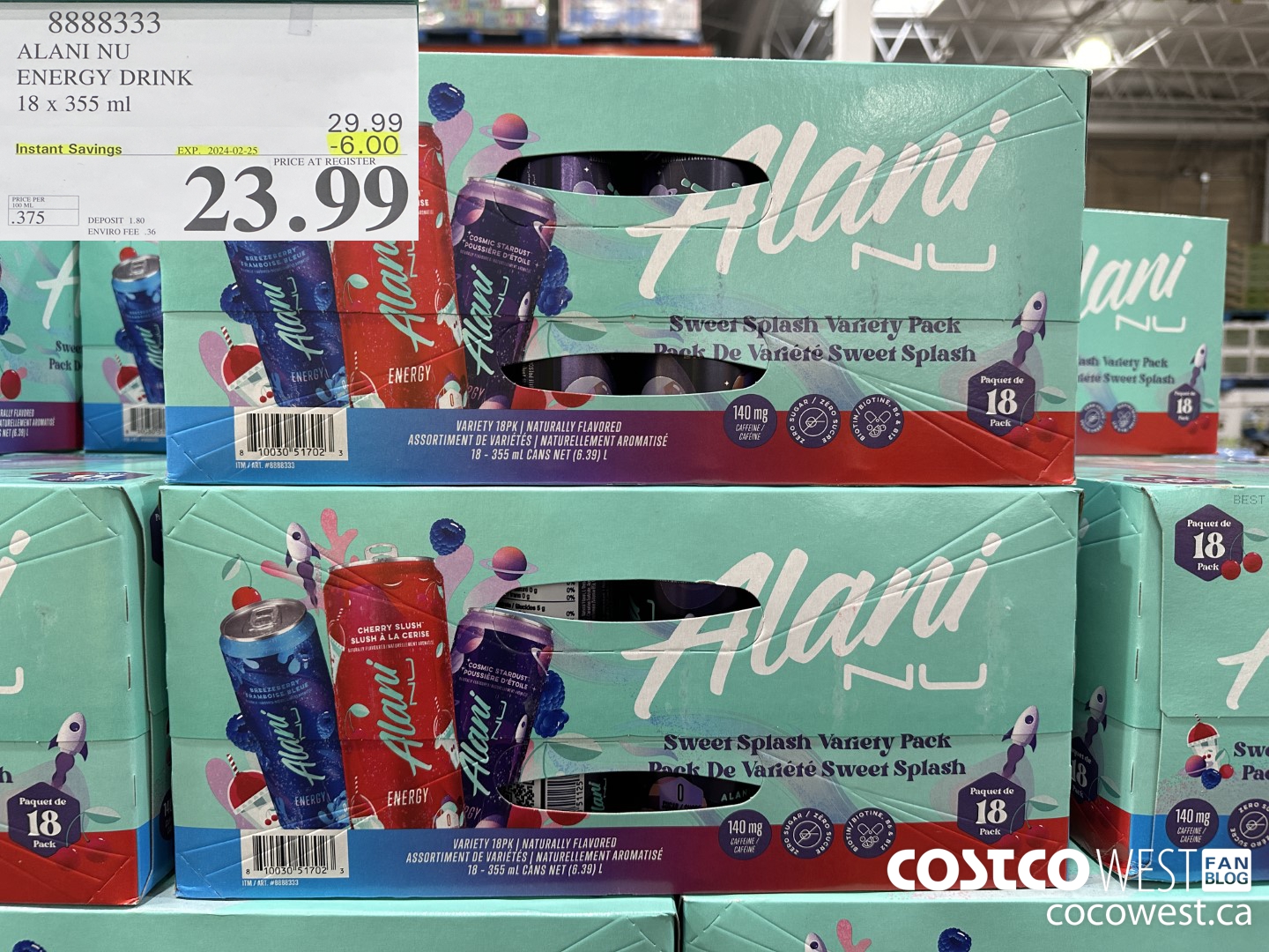 8888333 ALANI NU ENERGY DRINK 18 X 355ML ($6.00 INSTANT SAVINGS EXPIRES ON 2024-02-25) $23.99