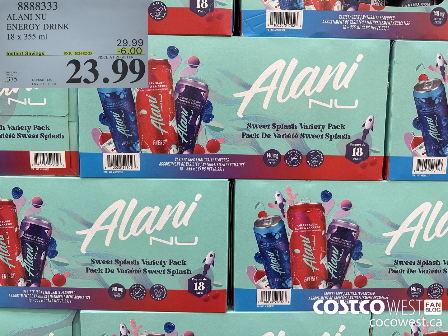 8888333 ALANI NU ENERGY DRINK 18 X 355ML ($6.00 INSTANT SAVINGS EXPIRES ON 2024-02-25) $23.99