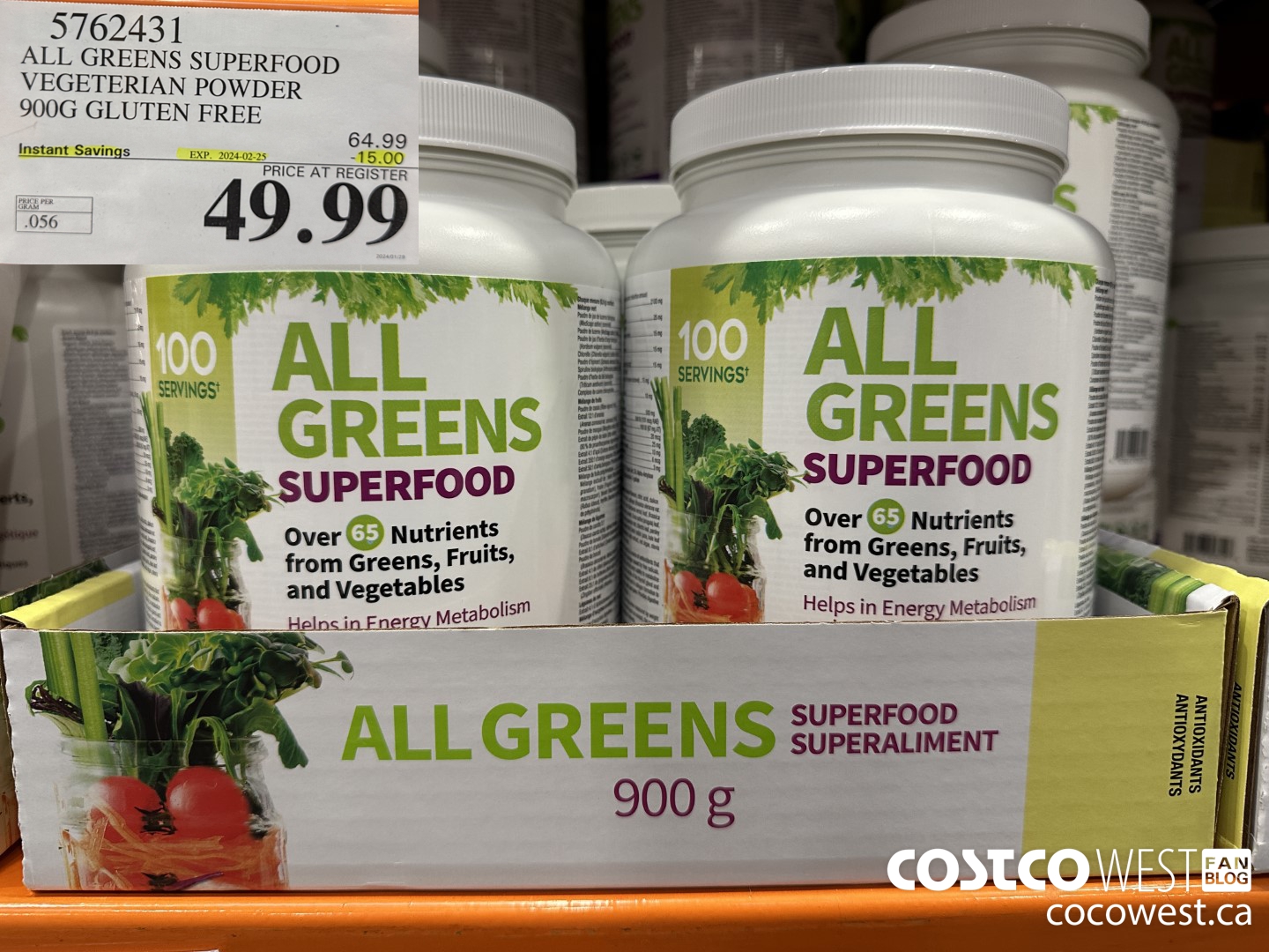 5762431 ALL GREENS SUPERFOOD VEGETERIAN POWDER 900G GLUTEN FREE ($15.00 INSTANT SAVINGS EXPIRES ON 2024-02-25) $49.99