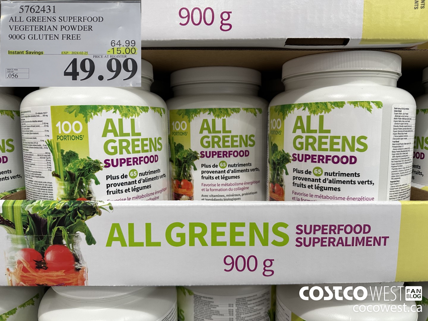5762431 ALL GREENS SUPERFOOD VEGETERIAN POWDER 900G GLUTEN FREE ($15.00 INSTANT SAVINGS EXPIRES ON 2024-02-25) $49.99