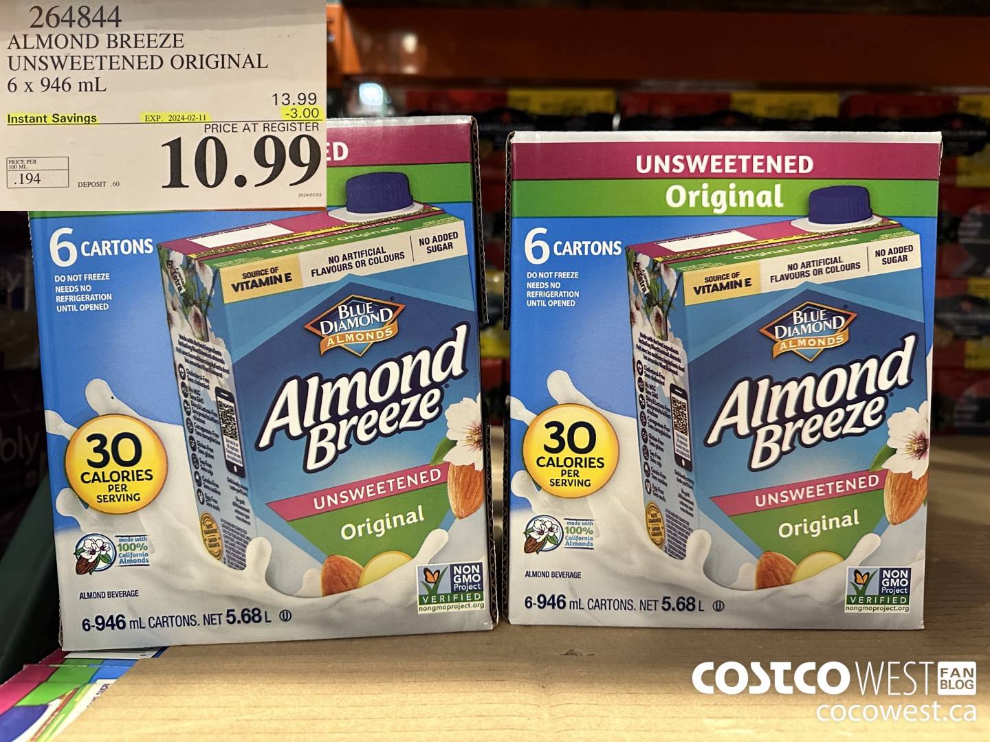 264844 ALMOND BREEZE UNSWEETENED ORIGINAL 6 X 946 ML ($3.00 INSTANT SAVINGS EXPIRES ON 2024-02-11) $10.99