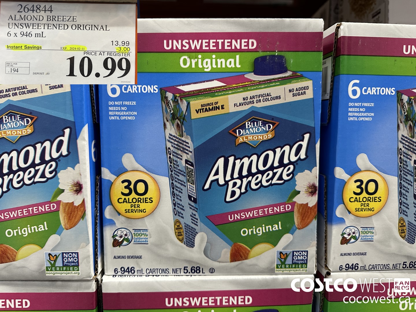 264844 ALMOND BREEZE UNSWEETENED ORIGINAL 6 X 946 ML ($3.00 INSTANT SAVINGS EXPIRES ON 2024-02-11) $10.99