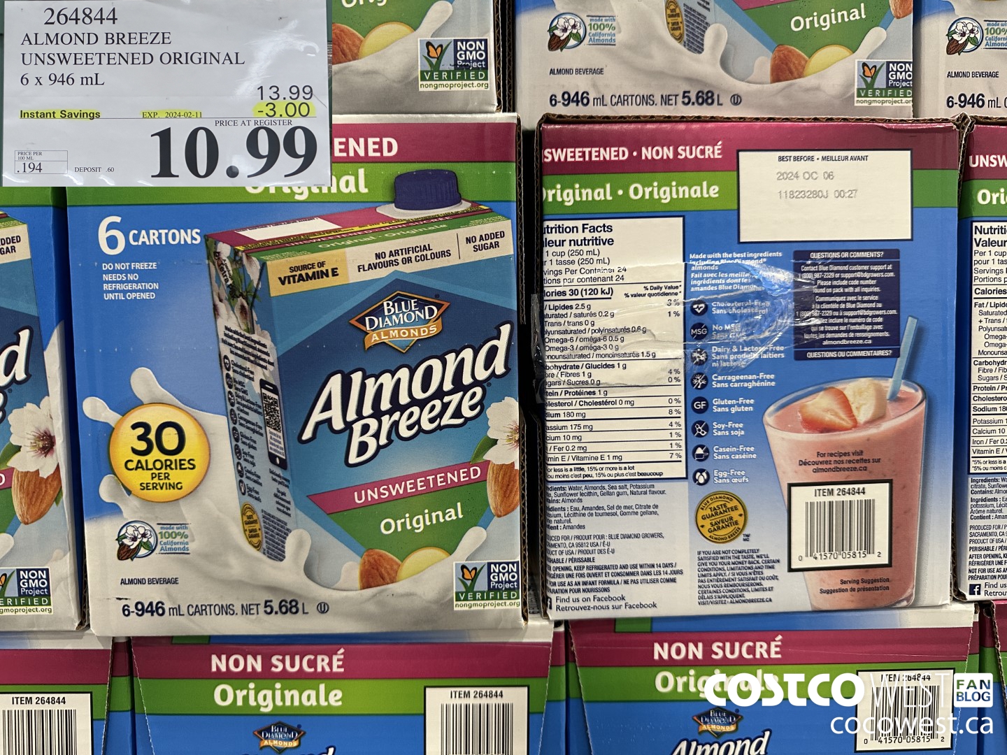 264844 ALMOND BREEZE UNSWEETENED ORIGINAL 6 X 946 ML ($3.00 INSTANT SAVINGS EXPIRES ON 2024-02-11) $10.99