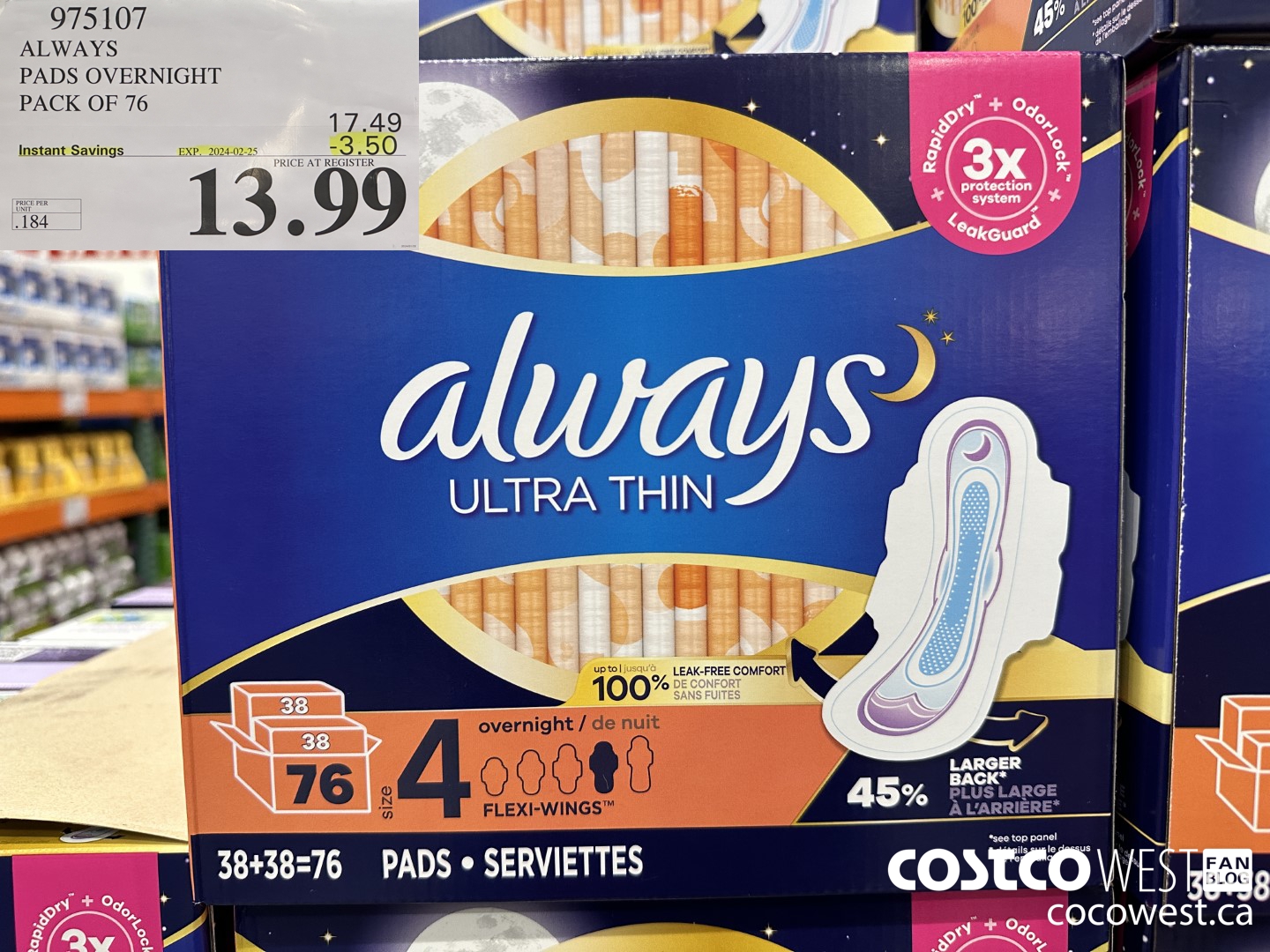975107 ALWAYS ULTRA THIN PADS OVERNIGHT BOX OF 76 ($3.50 INSTANT SAVINGS EXPIRES ON 2024-02-25) $13.99