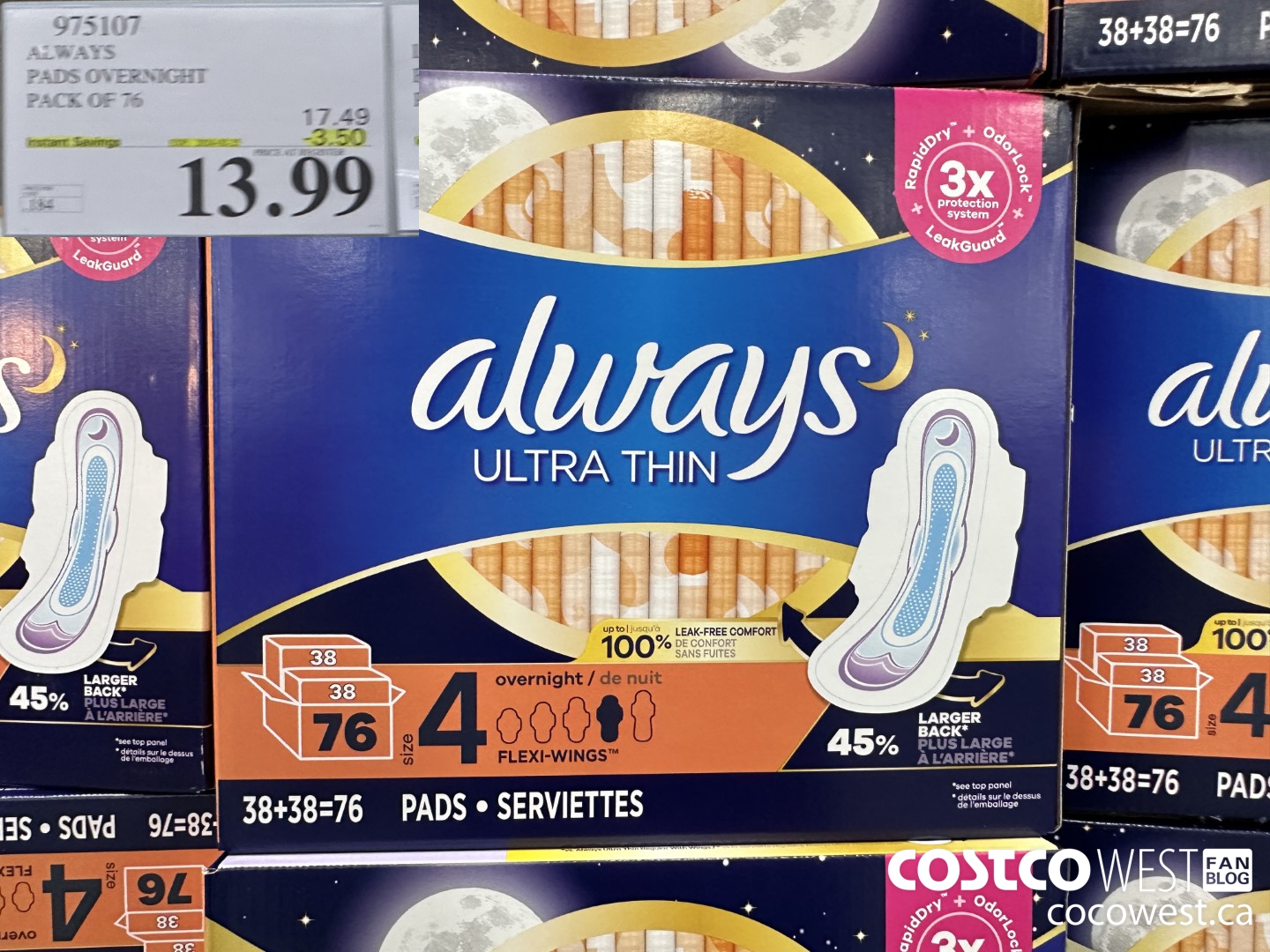 975107 ALWAYS ULTRA THIN PADS OVERNIGHT BOX OF 76 ($3.50 INSTANT SAVINGS) $13.99