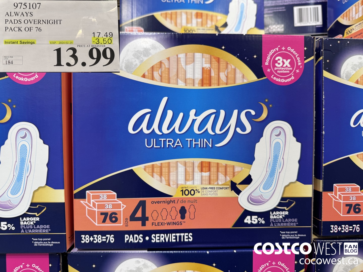 975107 ALWAYS ULTRA THIN PADS OVERNIGHT BOX OF 76 ($3.50 INSTANT SAVINGS EXPIRES ON 2024-02-25) $13.99