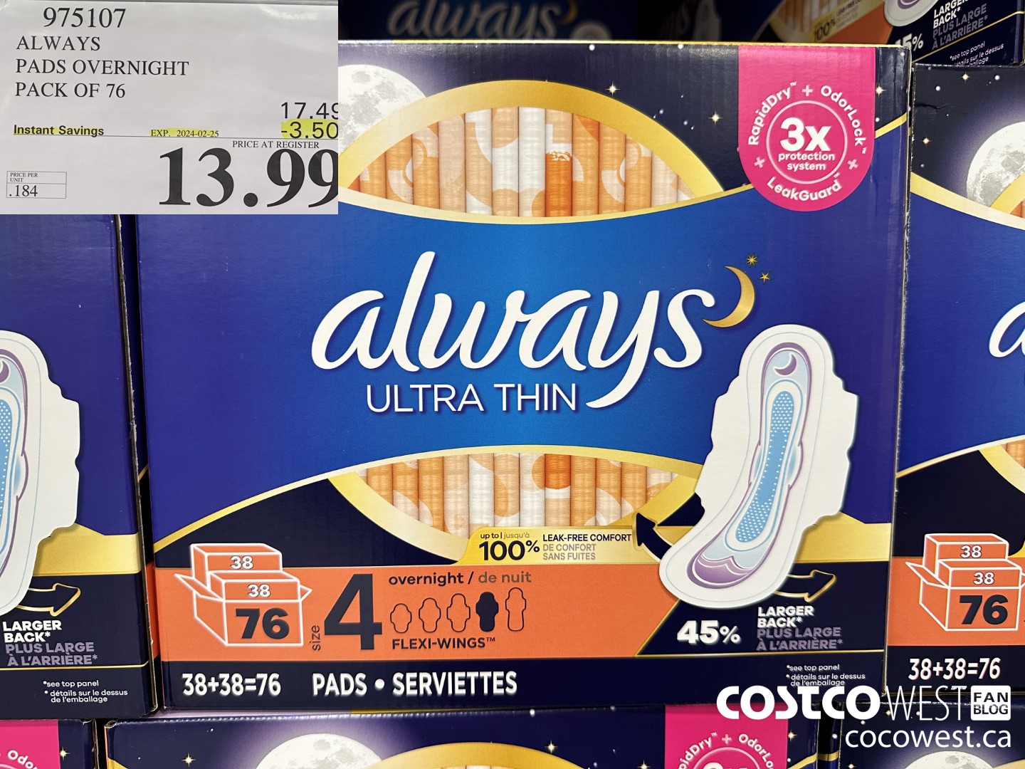 975107 ALWAYS ULTRA THIN PADS OVERNIGHT BOX OF 76 ($3.50 INSTANT SAVINGS EXPIRES ON 2024-02-25) $13.99