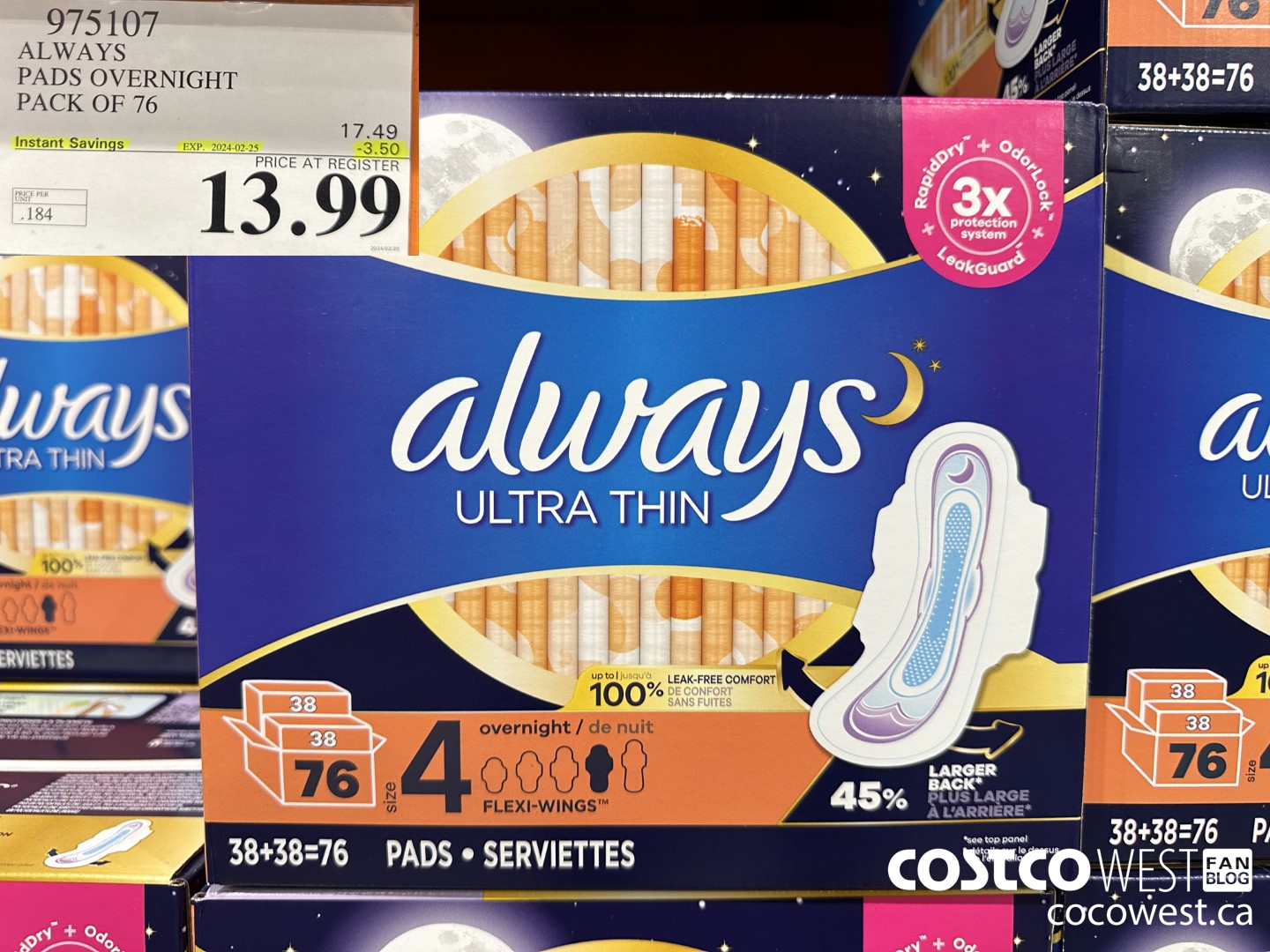 975107 ALWAYS ULTRA THIN PADS OVERNIGHT BOX OF 76 ($3.50 INSTANT SAVINGS EXPIRES ON 2024-02-25) $13.99