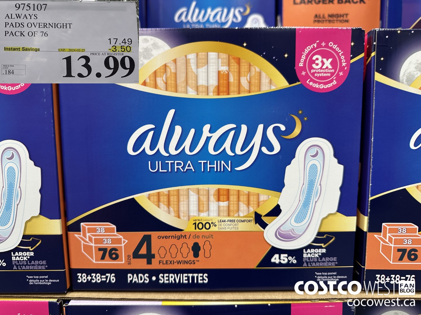 975107 ALWAYS ULTRA THIN PADS OVERNIGHT BOX OF 76 ($3.50 INSTANT SAVINGS EXPIRES ON 2024-02-25) $13.99