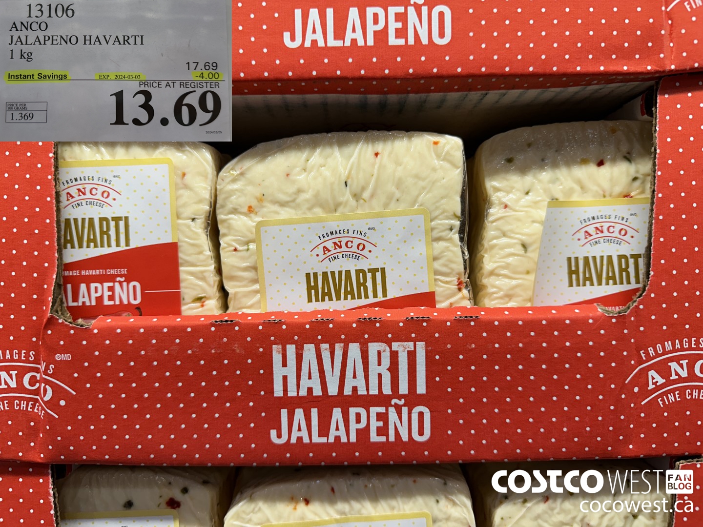 13106 ANCO JALAPENO HAVARTI 1 kg ($4.00 INSTANT SAVINGS EXPIRES ON 2024-03-03) $13.69