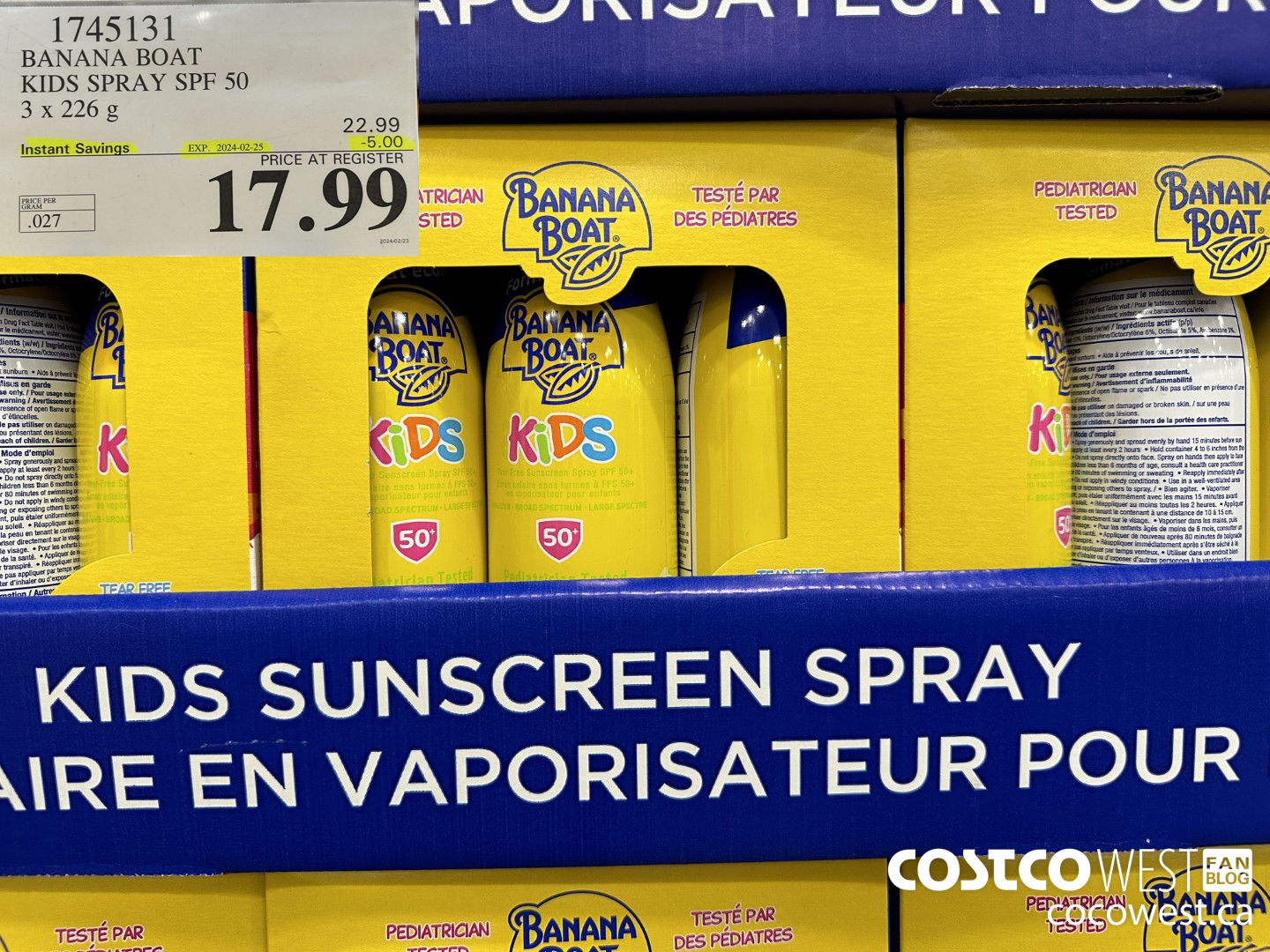 1745131 BANANA BOAT KIDS SPRAY SPF 50 3 X 226 G ($5.00 INSTANT SAVINGS EXPIRES ON 2024-02-25) $17.99