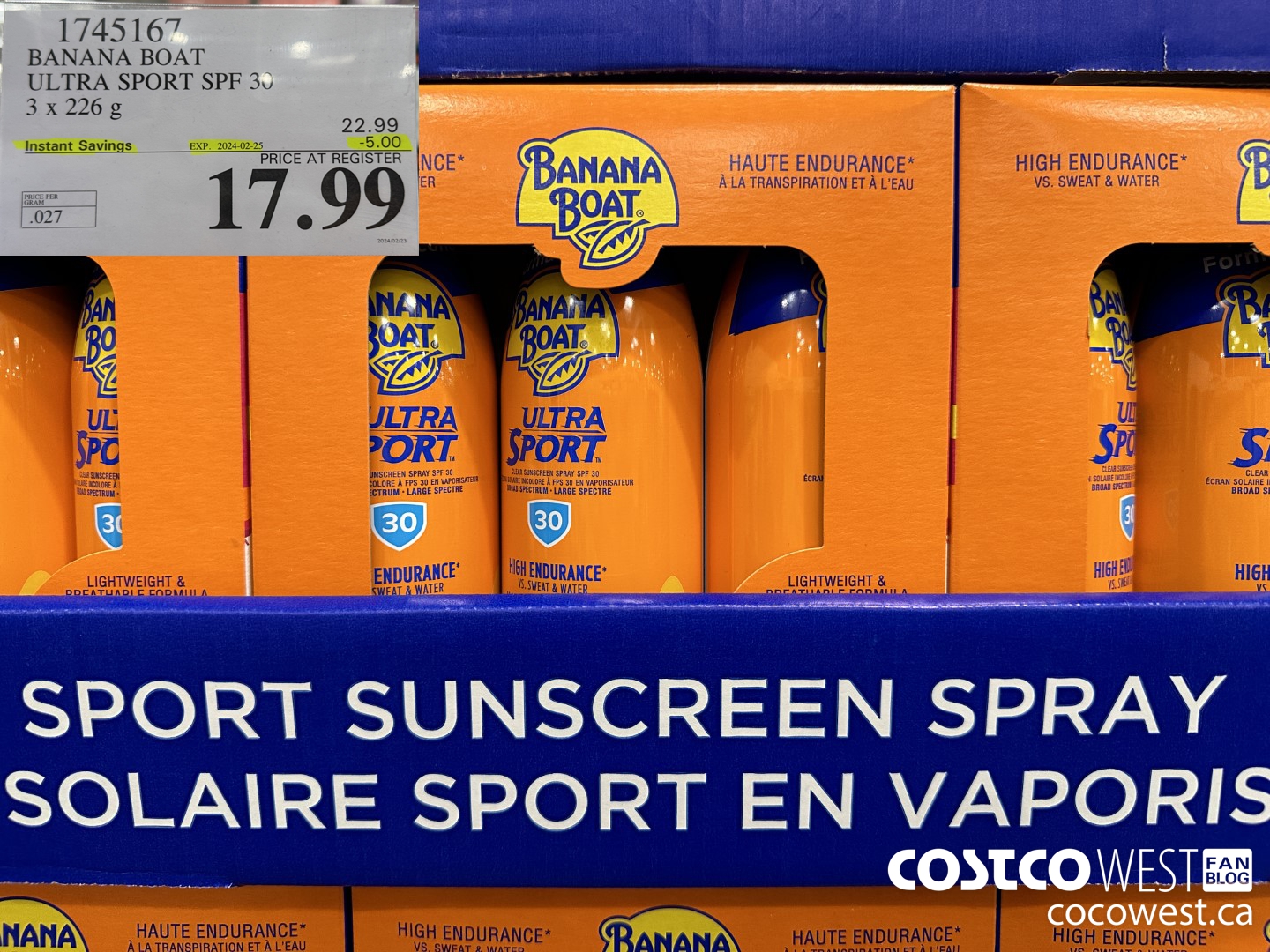 1745167 BANANA BOAT ULTRA SPORT SPF 30 3 X 226 G ($5.00 INSTANT SAVINGS EXPIRES ON 2024-02-25) $17.99