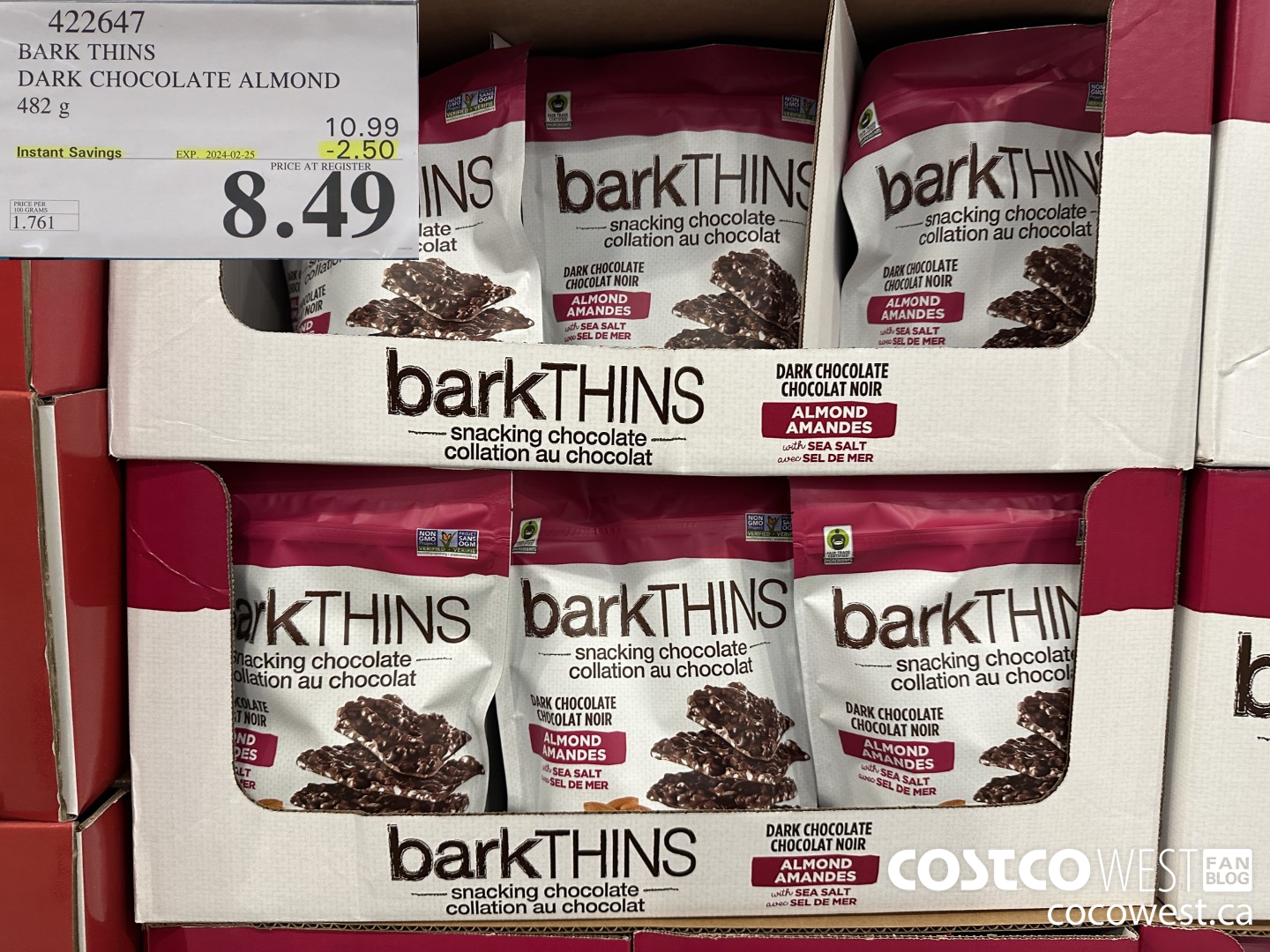 422647 BARK THINS DARK CHOCOLATE ALMOND 482 g ($2.50 INSTANT SAVINGS EXPIRES ON 2024-02-25) $8.49