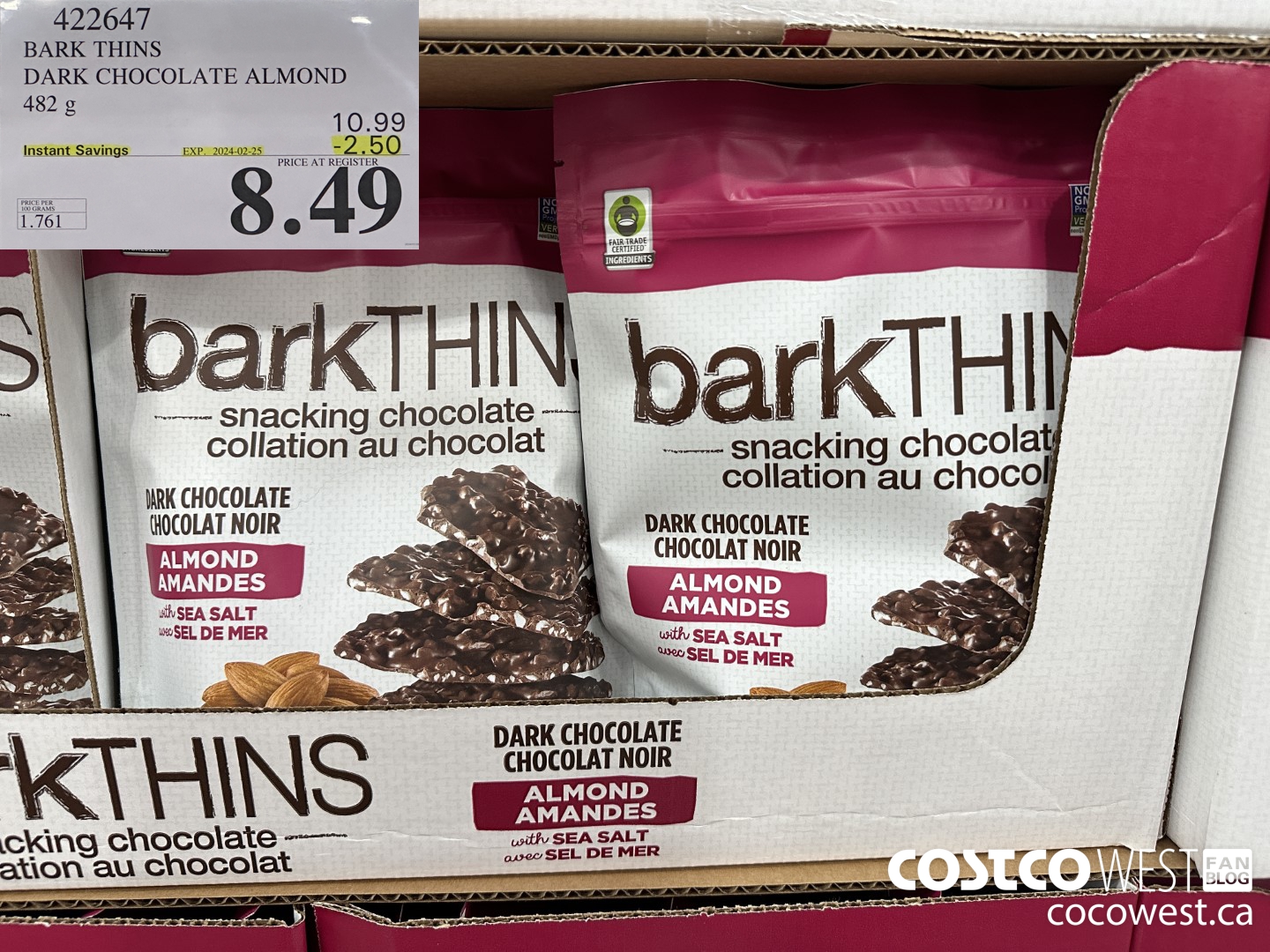 422647 BARK THINS DARK CHOCOLATE ALMOND 482 g ($2.50 INSTANT SAVINGS EXPIRES ON 2024-02-25) $8.49