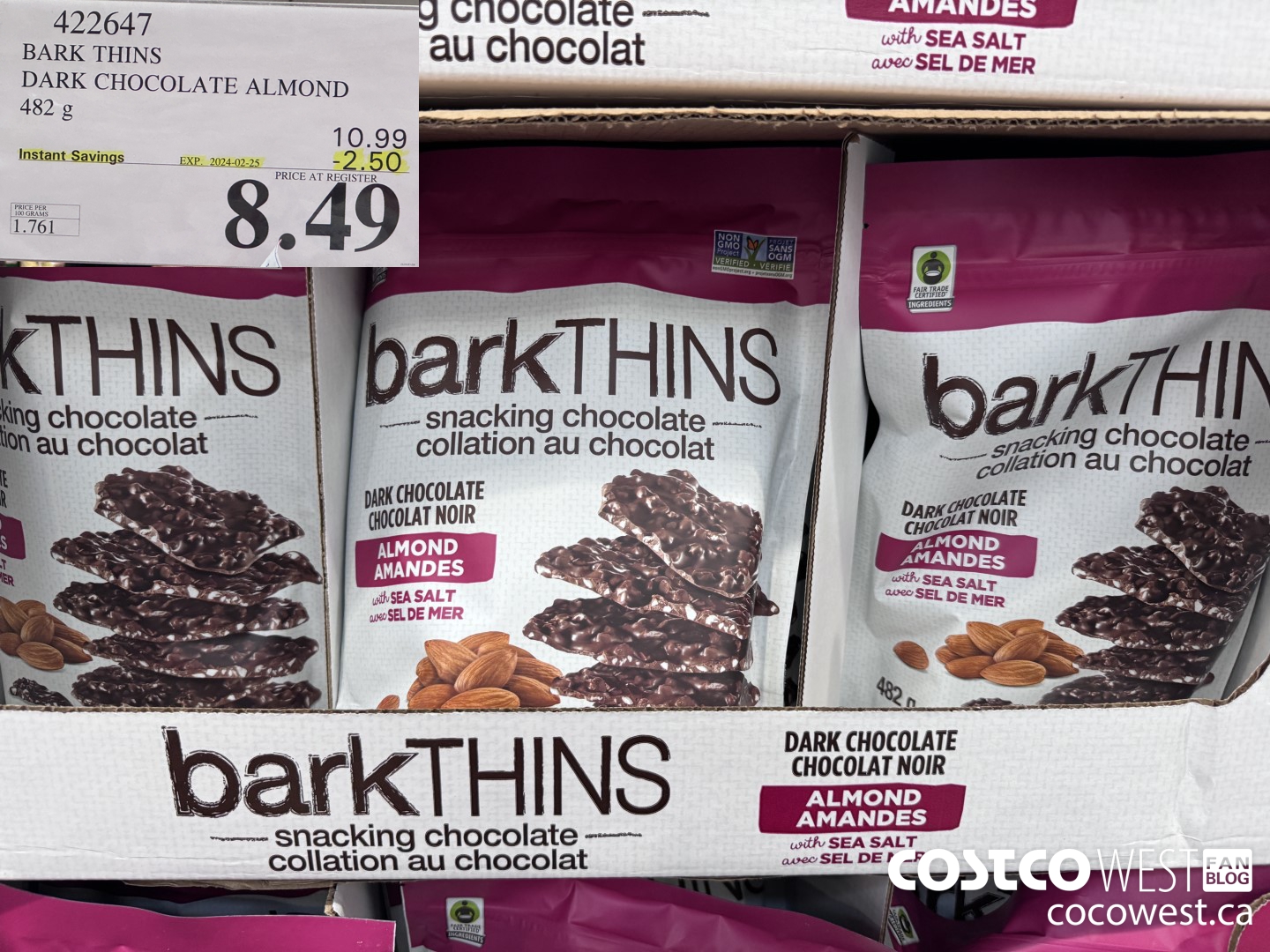 422647 BARK THINS DARK CHOCOLATE ALMOND 482 g ($2.50 INSTANT SAVINGS EXPIRES ON 2024-02-25) $8.49