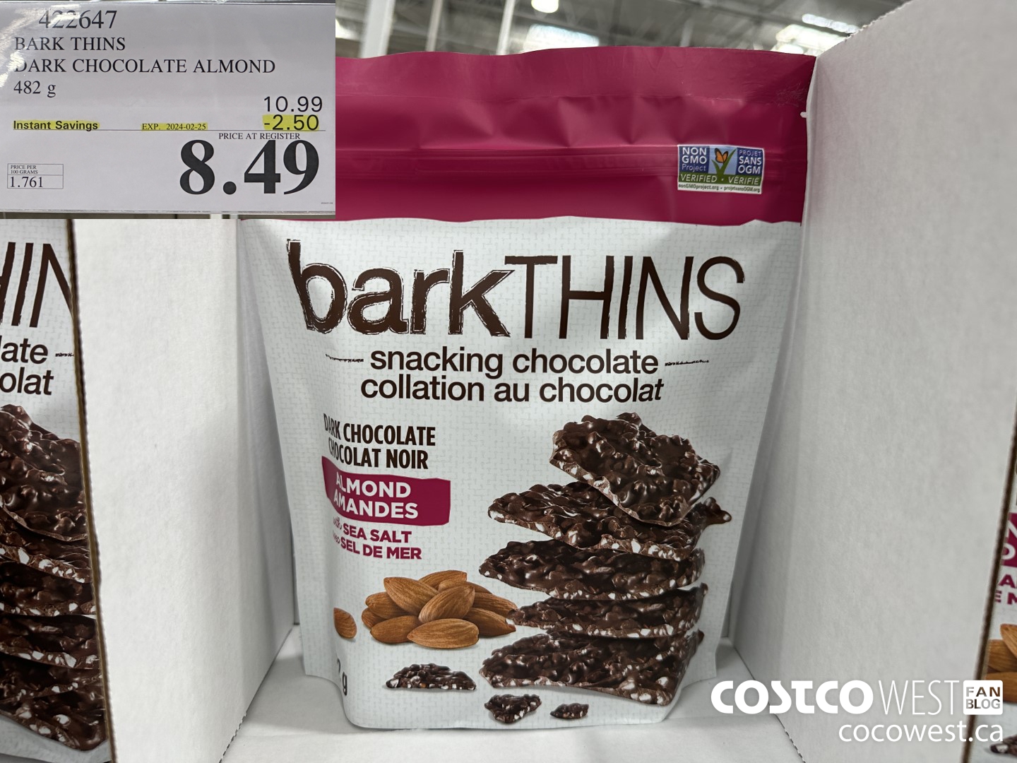 422647 BARK THINS DARK CHOCOLATE ALMOND 482 g ($2.50 INSTANT SAVINGS EXPIRES ON 2024-02-25) $8.49