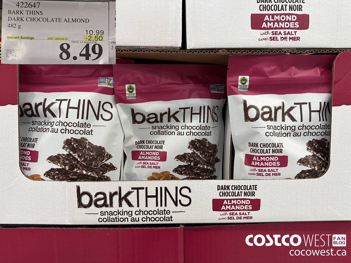422647 BARK THINS DARK CHOCOLATE ALMOND 482 g ($2.50 INSTANT SAVINGS EXPIRES ON 2024-02-25) $8.49