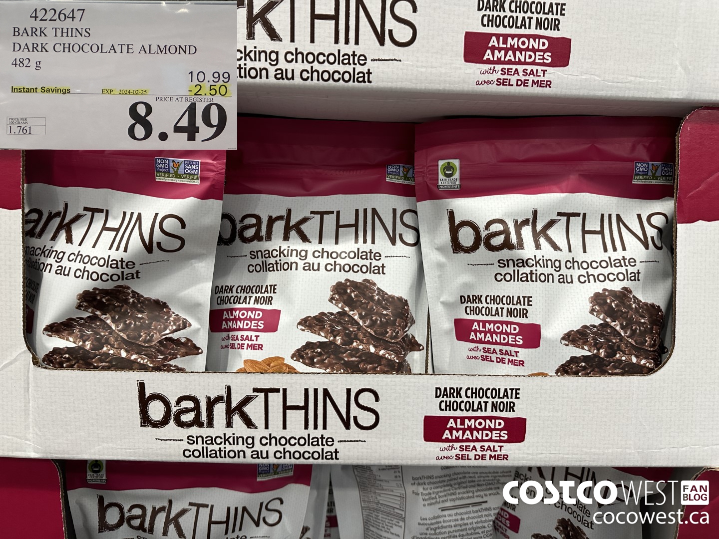 422647 BARK THINS DARK CHOCOLATE ALMOND 482 g ($2.50 INSTANT SAVINGS EXPIRES ON 2024-02-25) $8.49